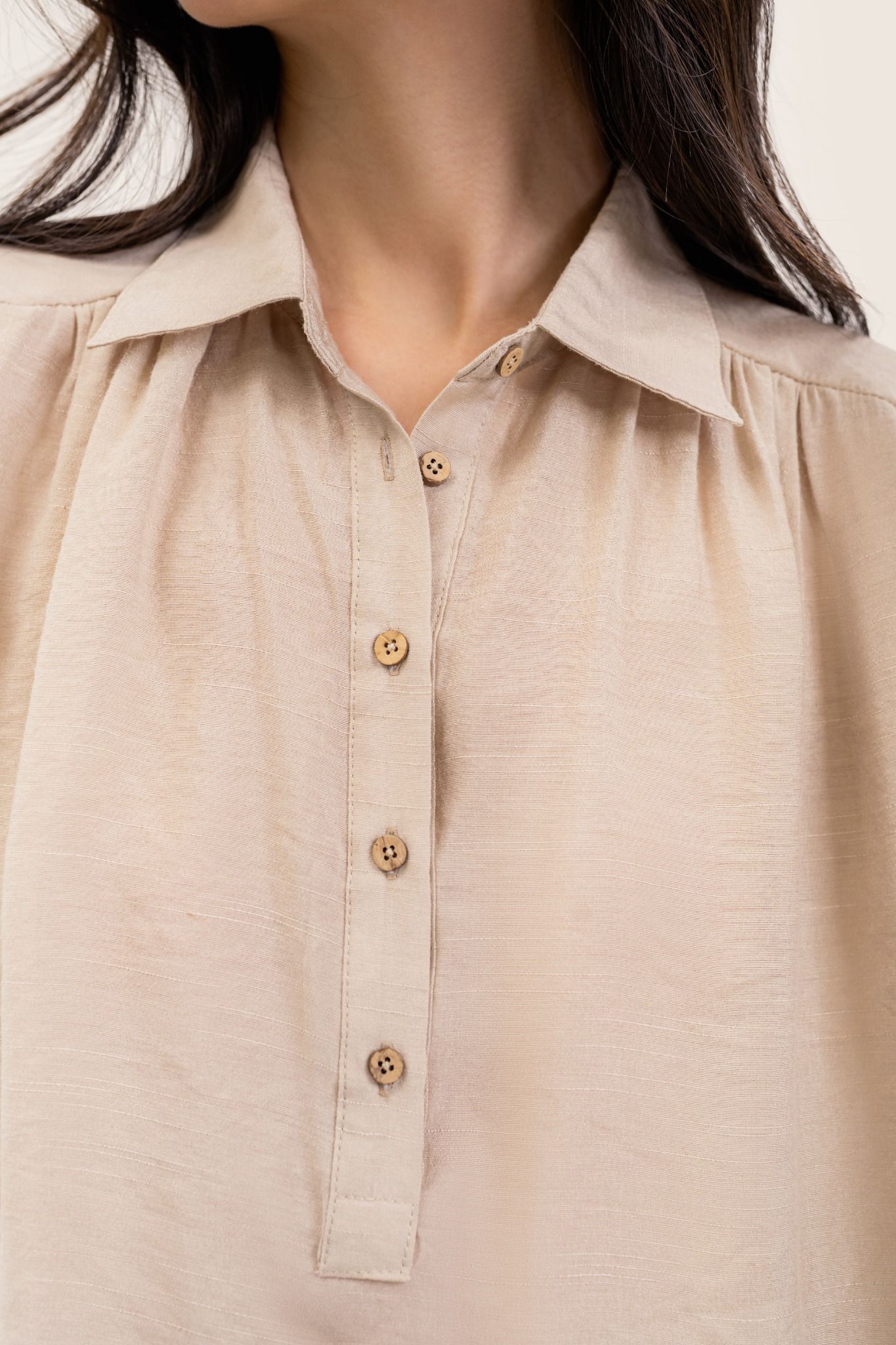  Beige Half Button Up Sleeveless Blouse 