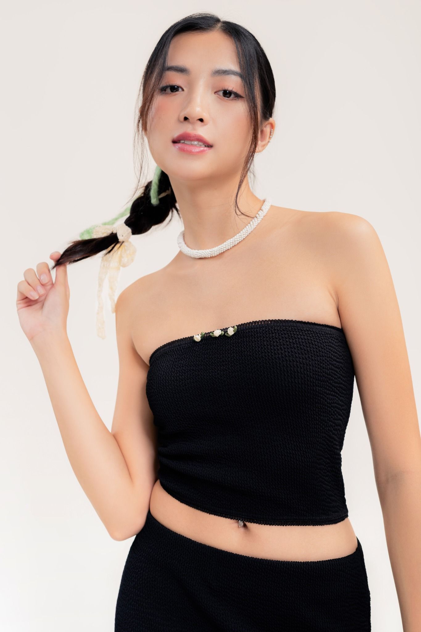  Black Flower Applique Tube Top 