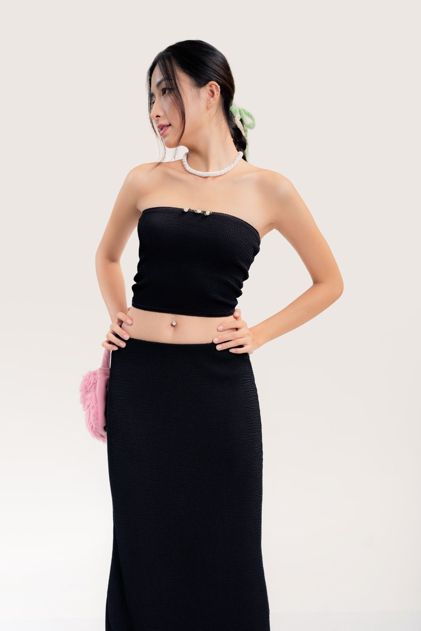  Black Flower Applique Tube Top 