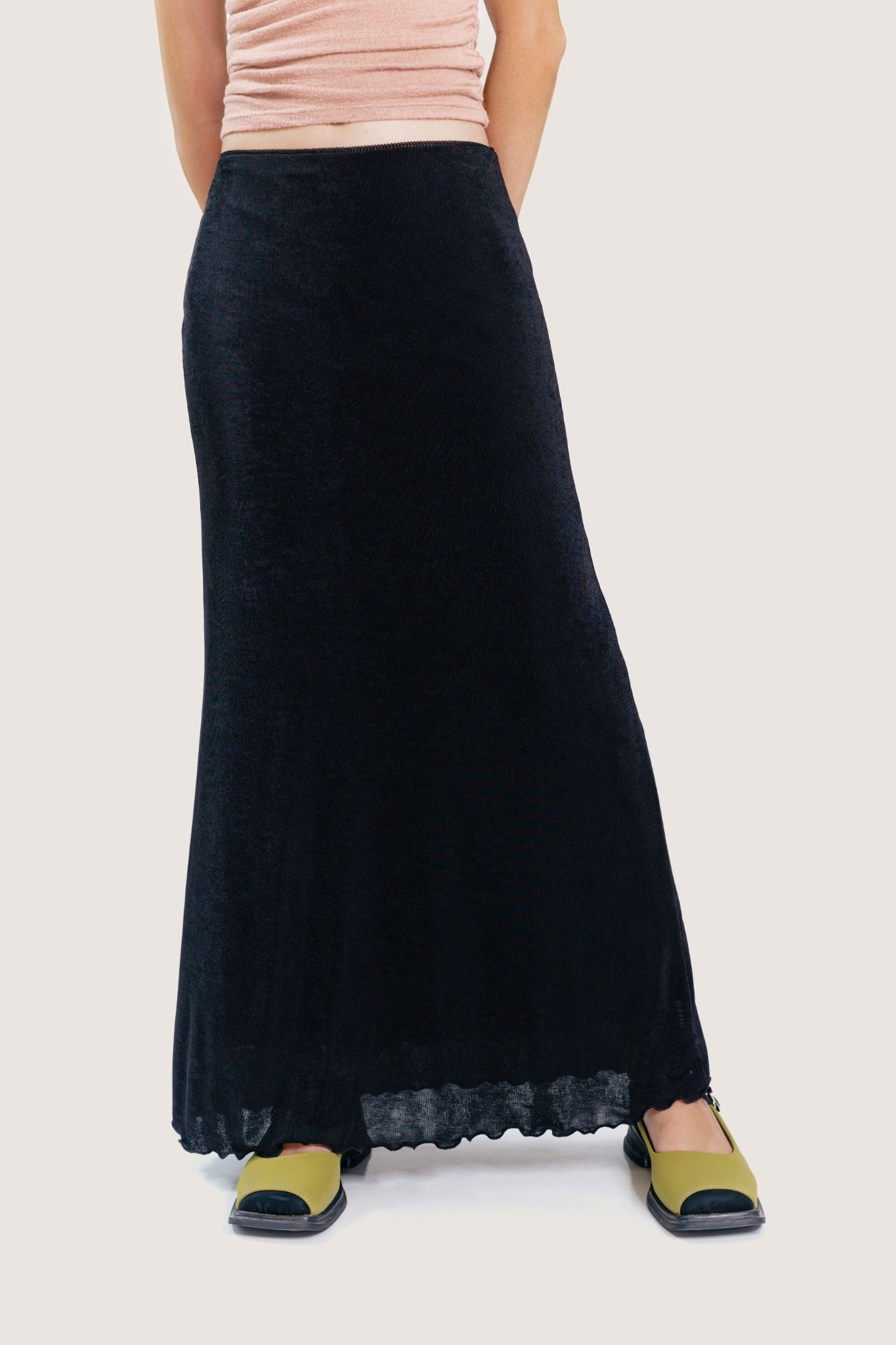  Black Lettuce Hem Flared Maxi Skirt 