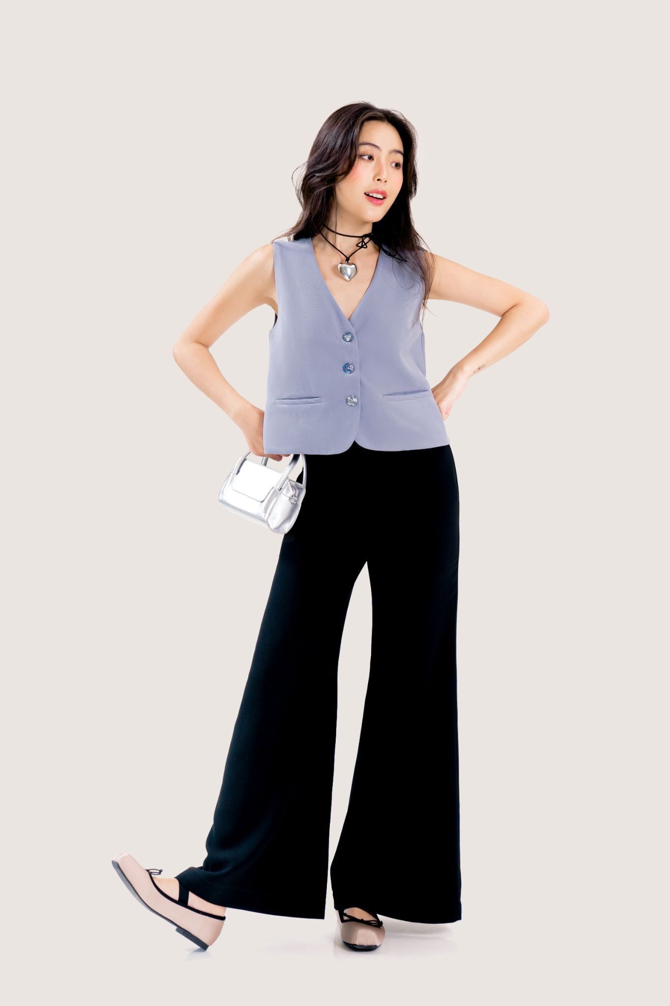  Black Strap Belt Flared Trousers 