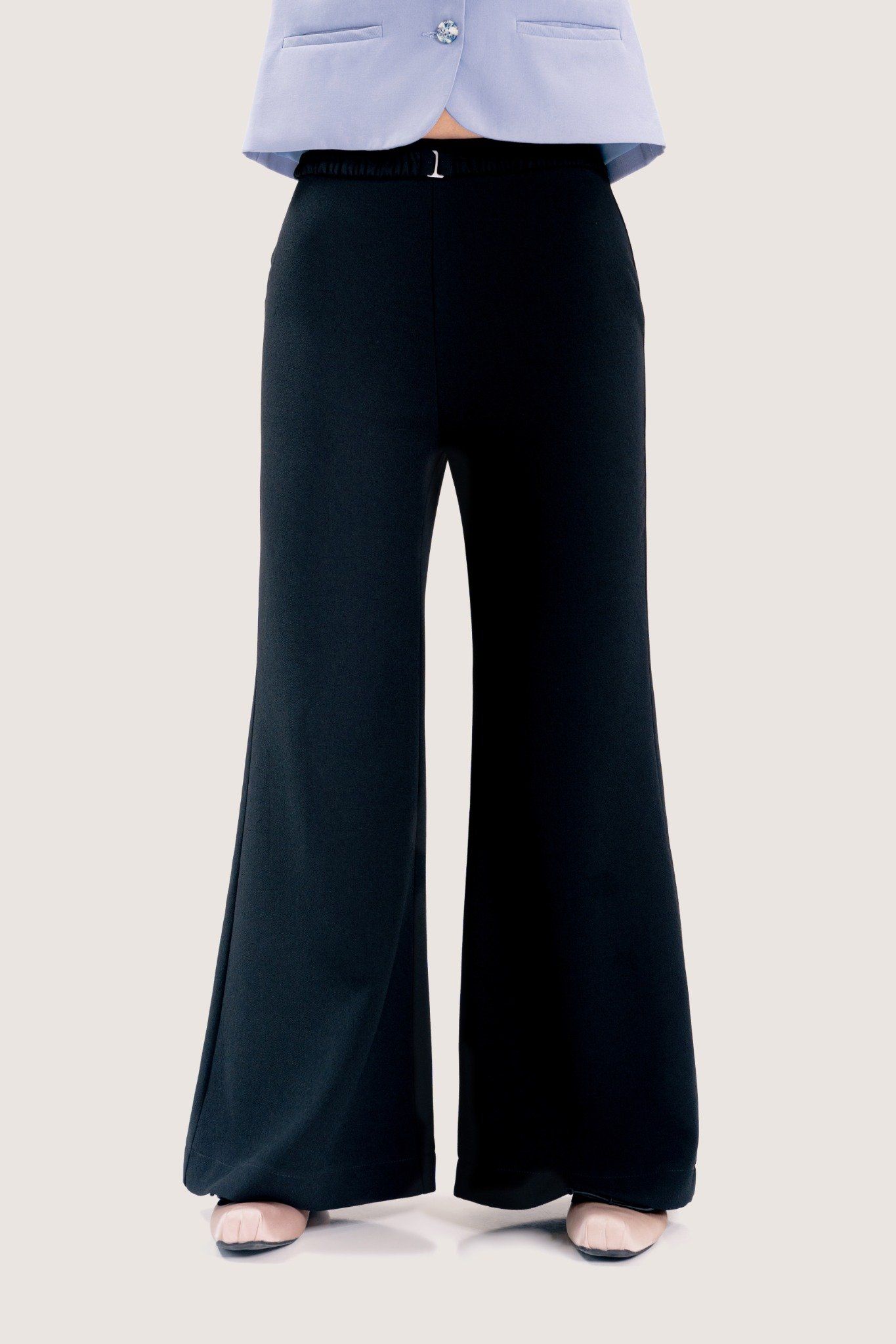  Black Strap Belt Flared Trousers 