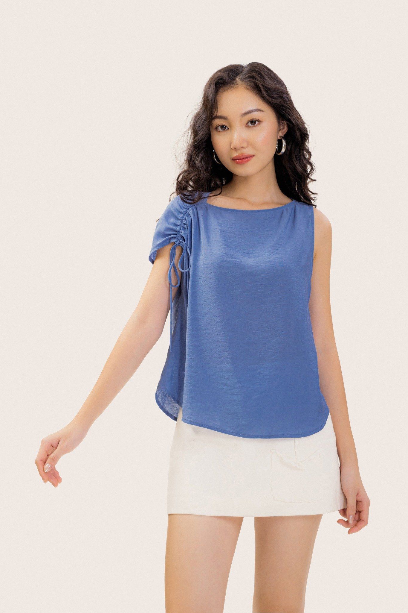  Blue Ruched Shoulder Detail Top 