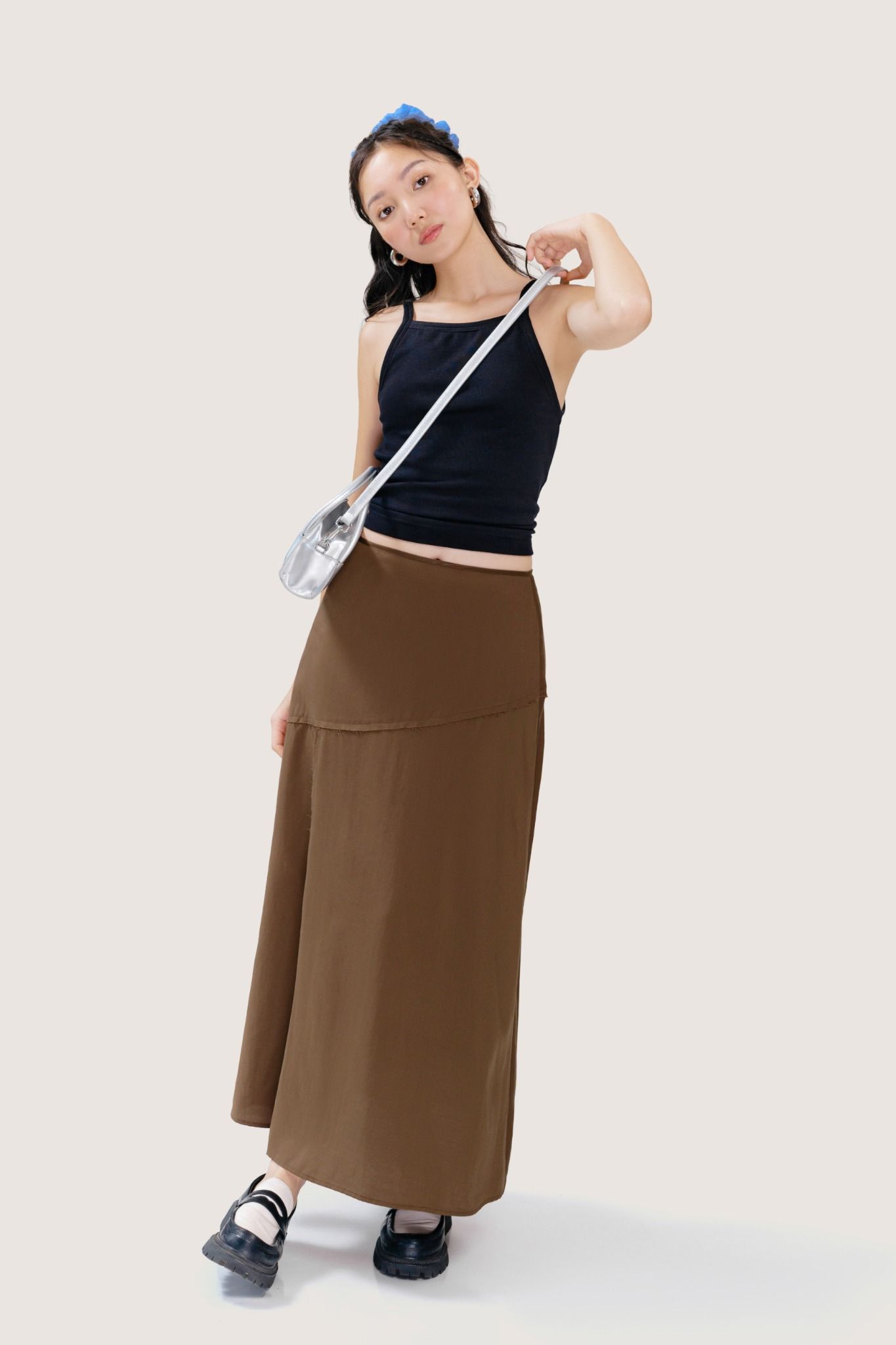  Brown Asymmetrical Raw-Cut Midi Skirt 