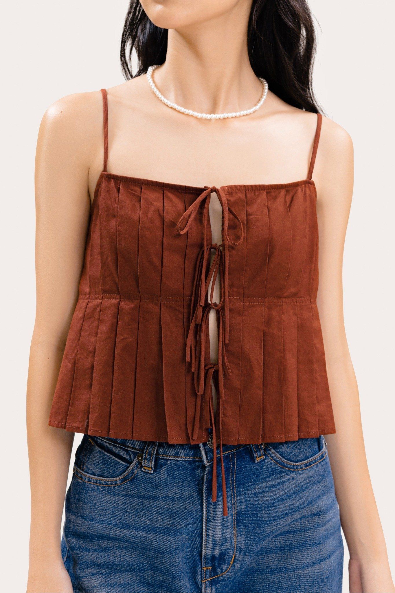  Brown Pleated Bow Tie Top 