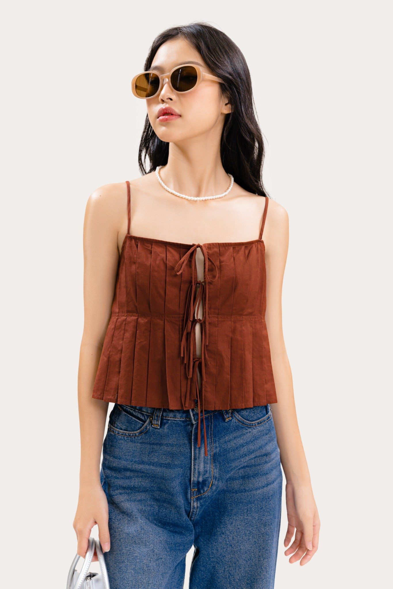  Brown Pleated Bow Tie Top 