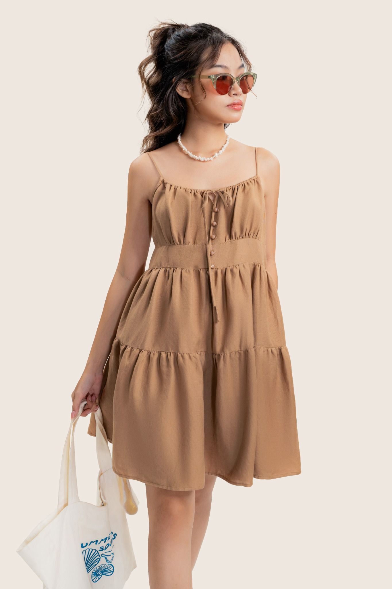  Brown Ruched Strappy Mini Dress 