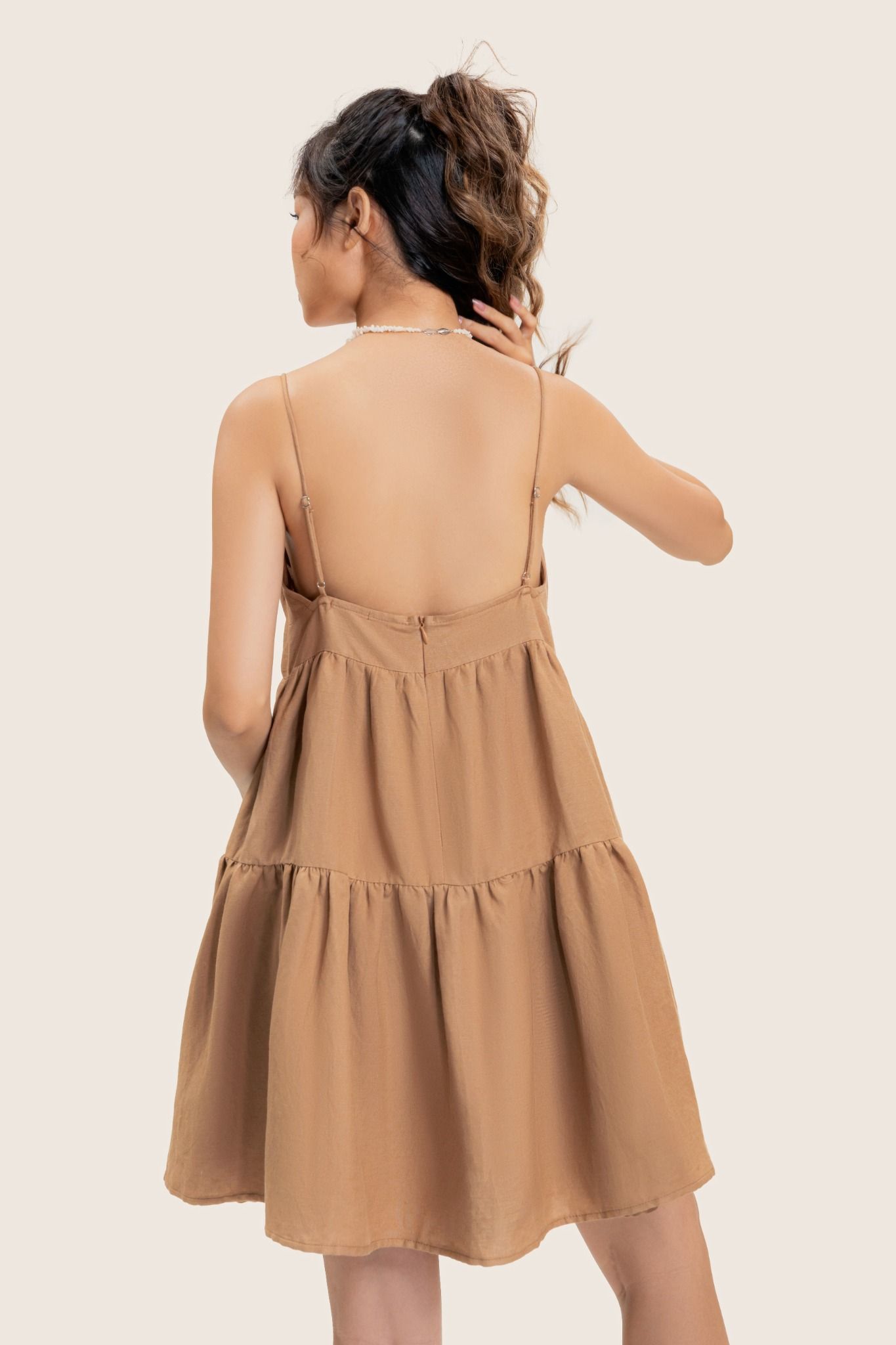  Brown Ruched Strappy Mini Dress 