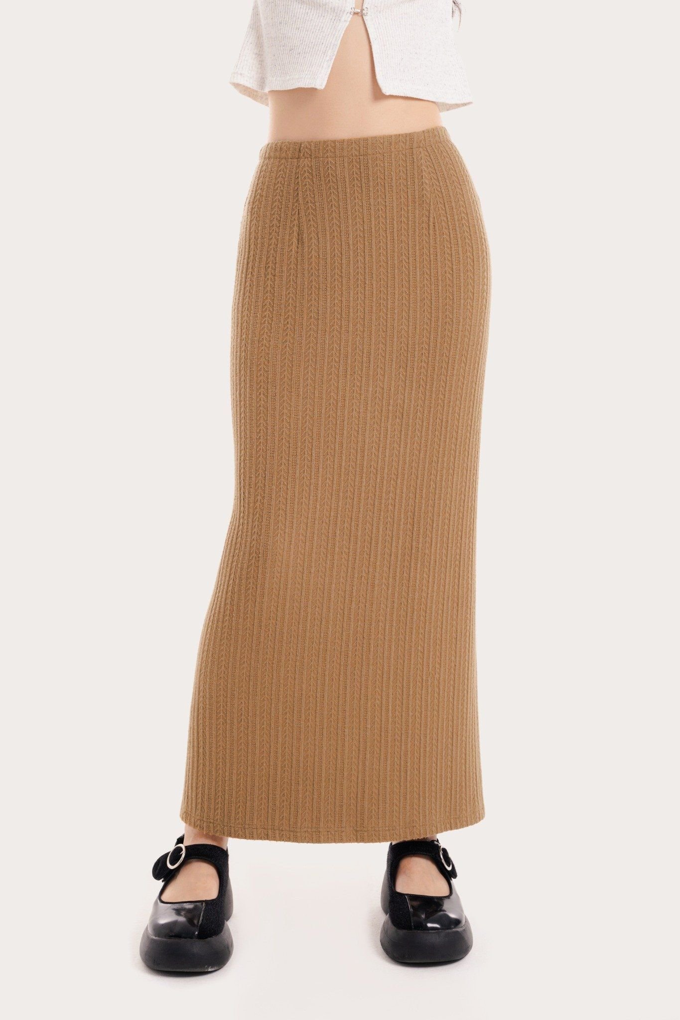  Corduroy Brown Fitted Pointelle Midi Skirt 