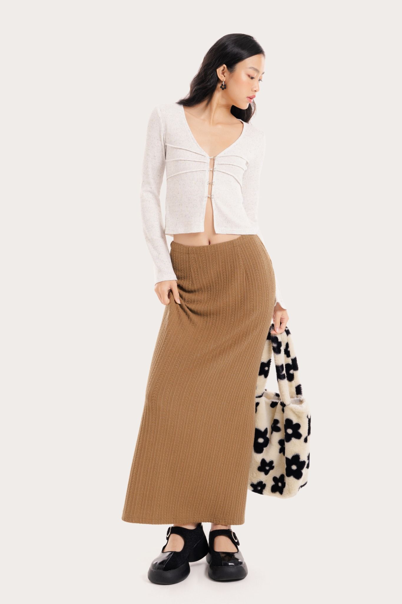  Corduroy Brown Fitted Pointelle Midi Skirt 