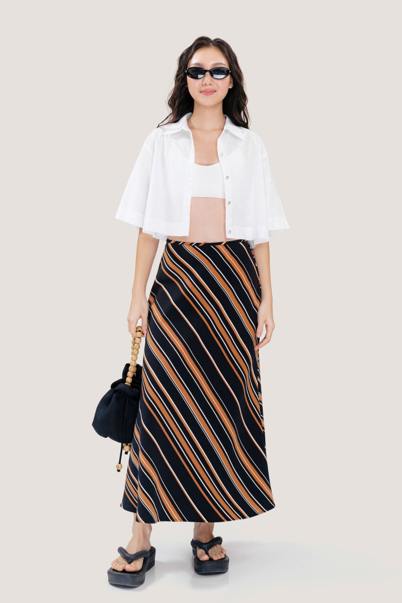  Diagonal Striped Midi Skirt 