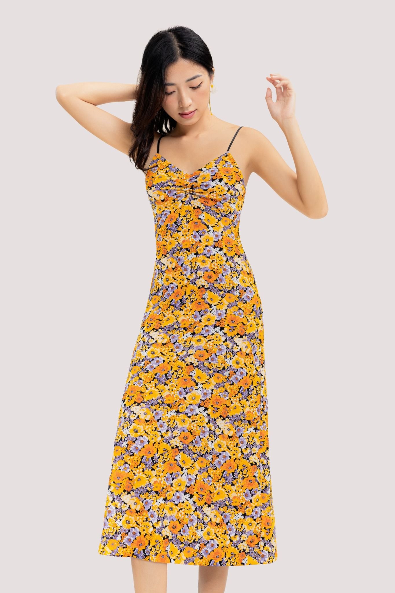  Floral Fall Pattern Midi Dress 