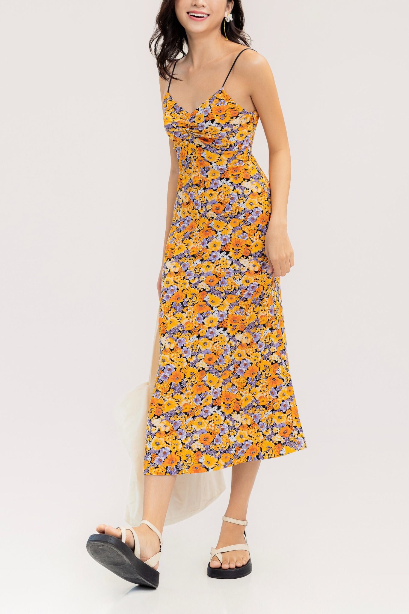  Floral Fall Pattern Midi Dress 