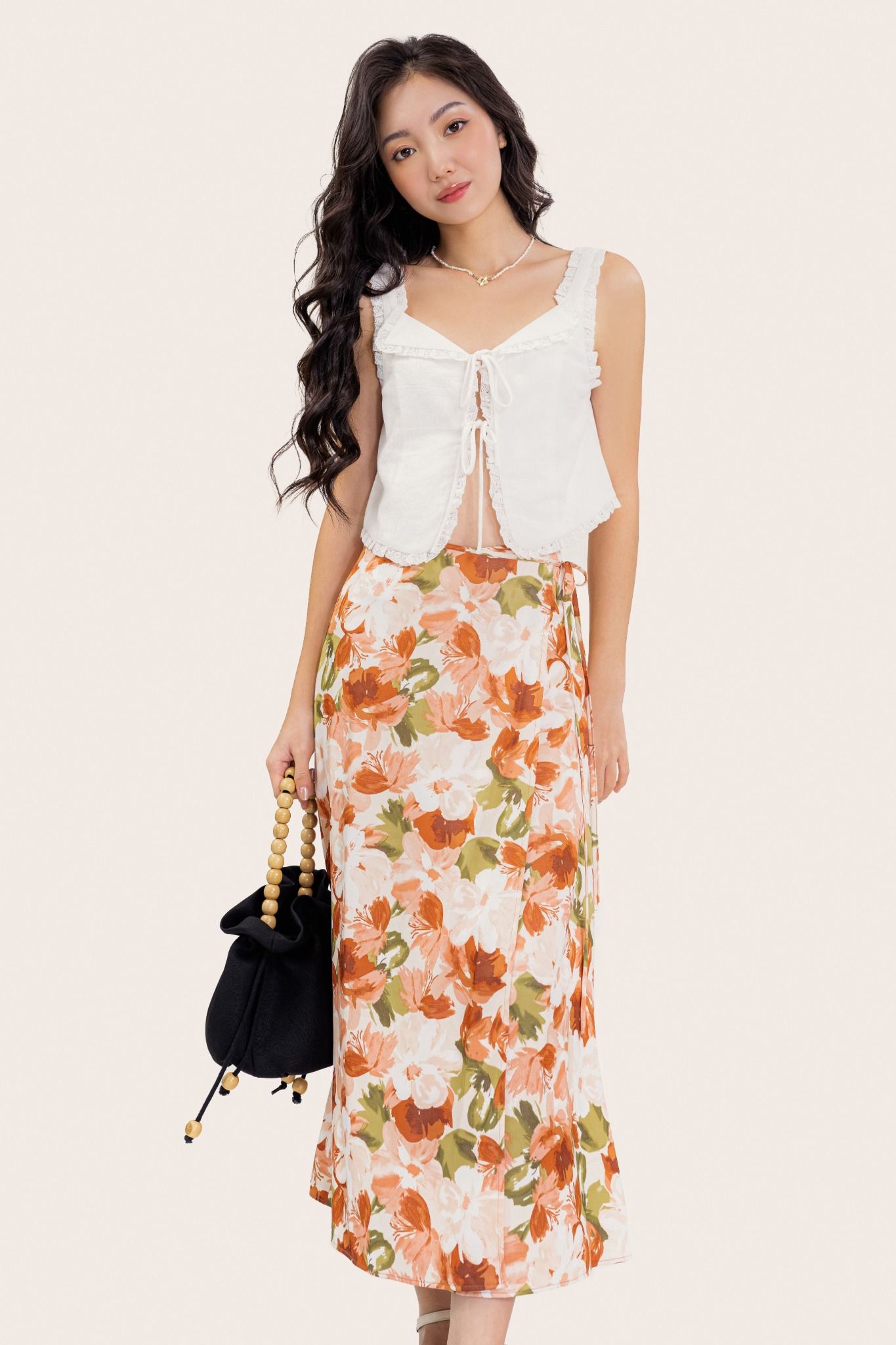  Floral Pattern Silk Wrap Midi Skirt 