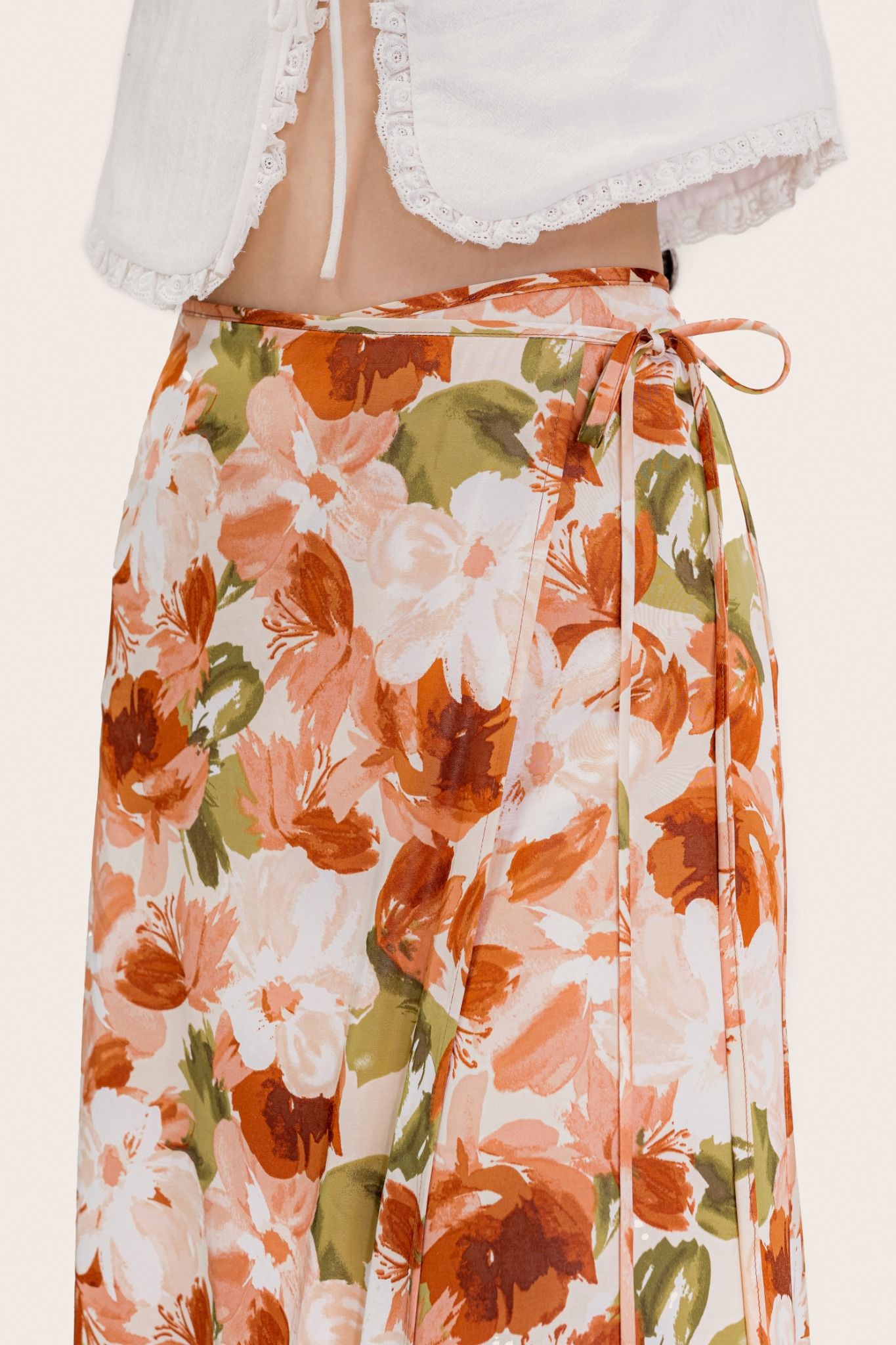  Floral Pattern Silk Wrap Midi Skirt 