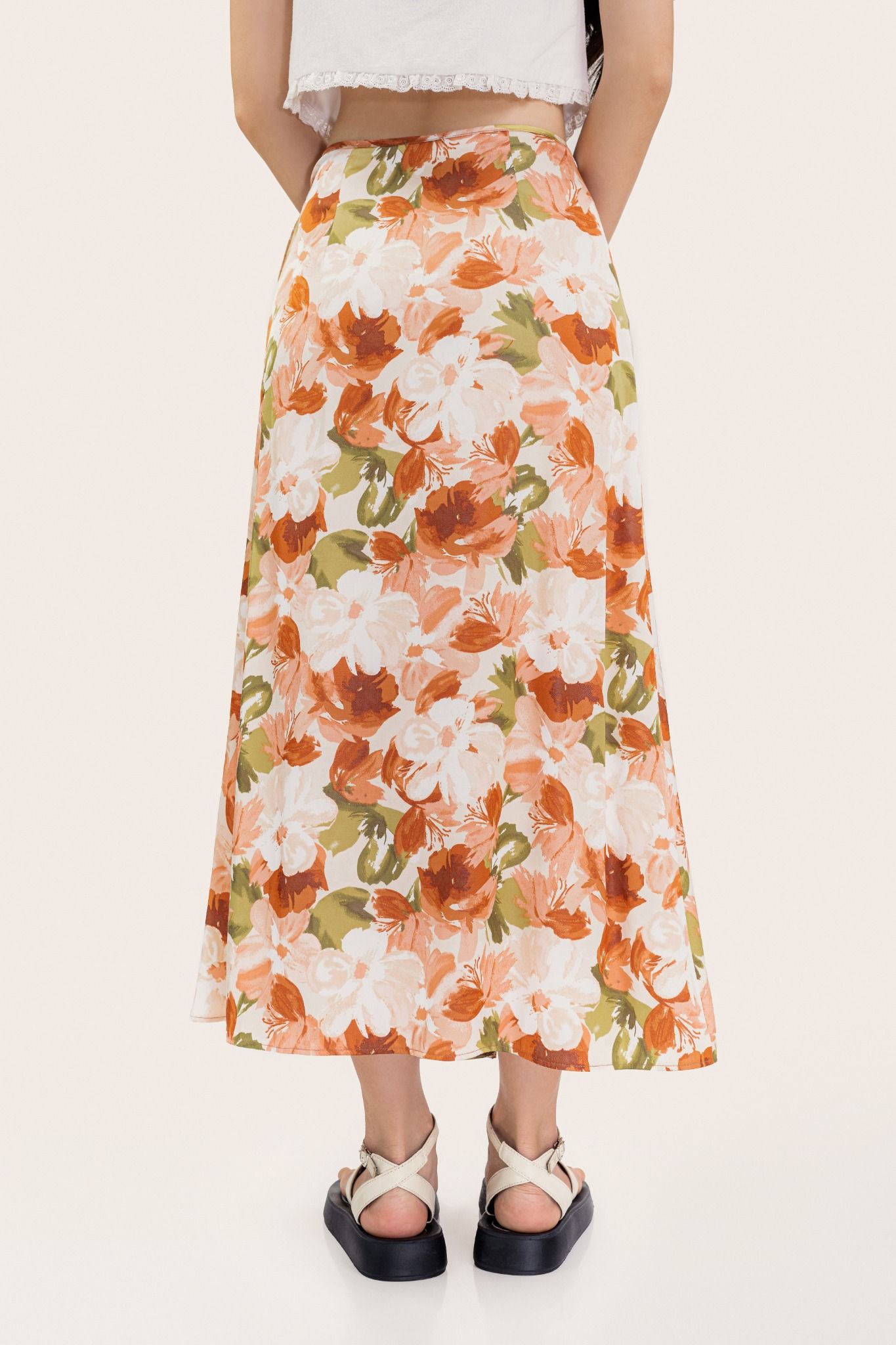  Floral Pattern Silk Wrap Midi Skirt 