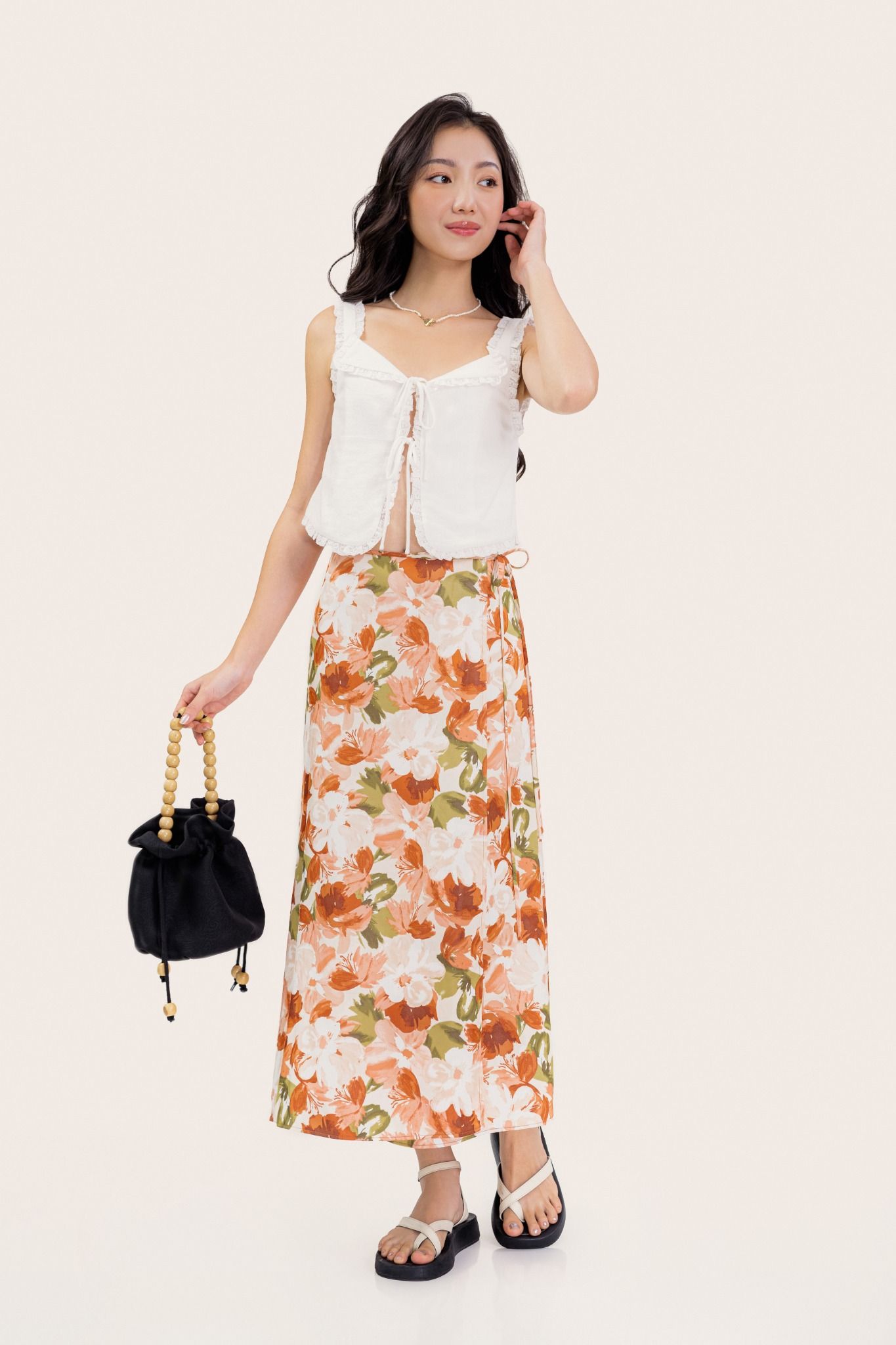  Floral Pattern Silk Wrap Midi Skirt 