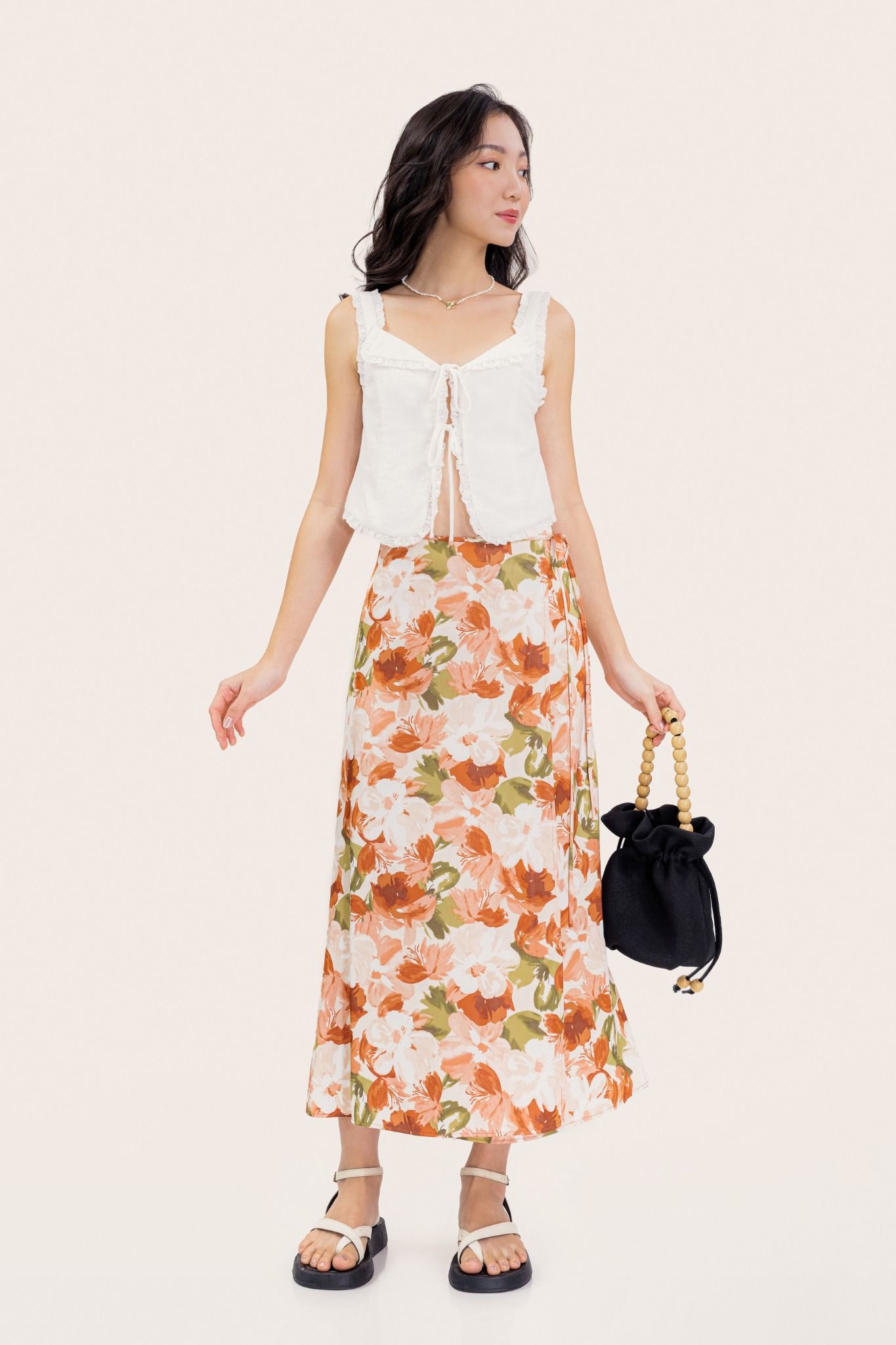  Floral Pattern Silk Wrap Midi Skirt 