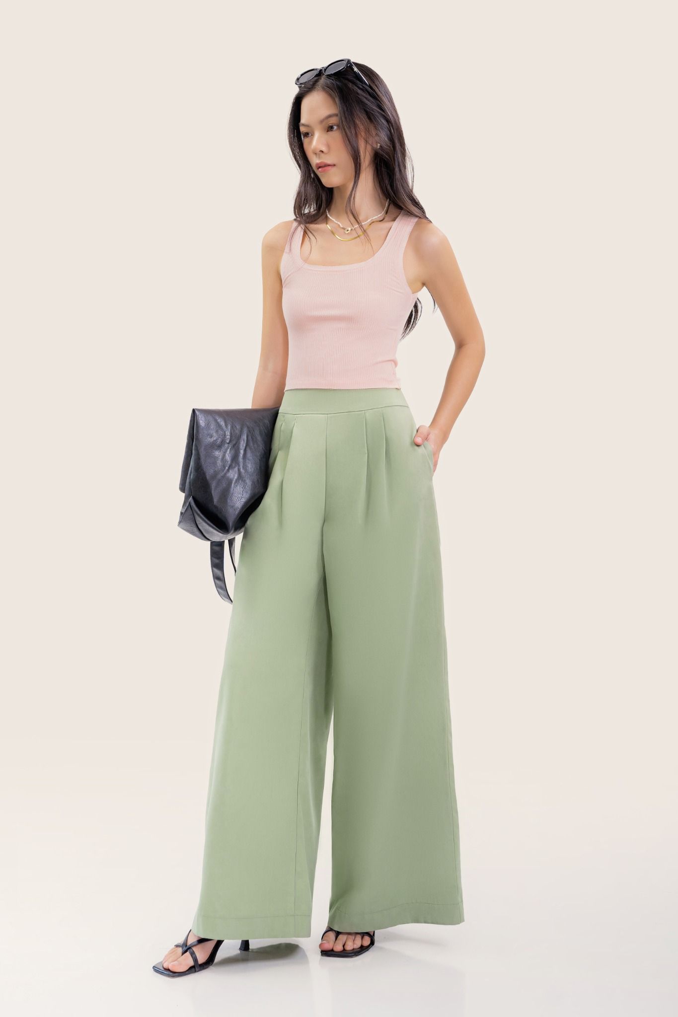  Green Pleated High Waisted Wide Leg Trousers 