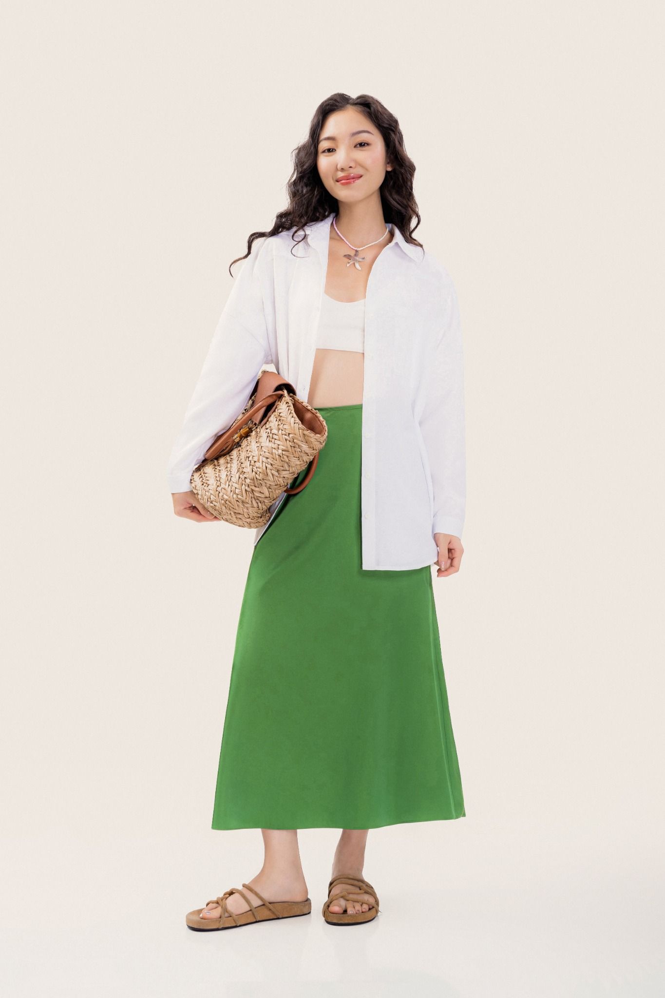  Green Silk Midi Skirt 