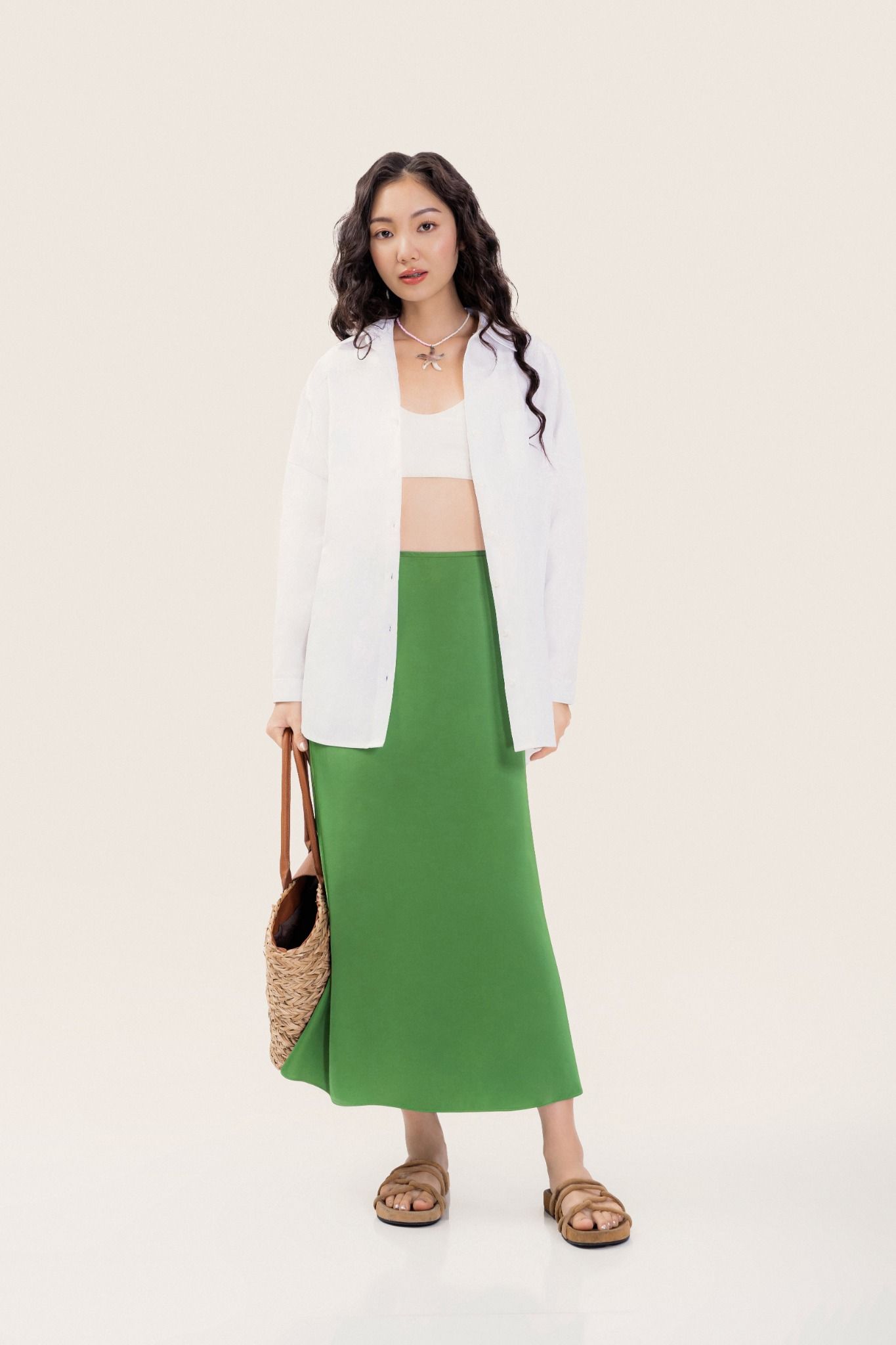  Green Silk Midi Skirt 