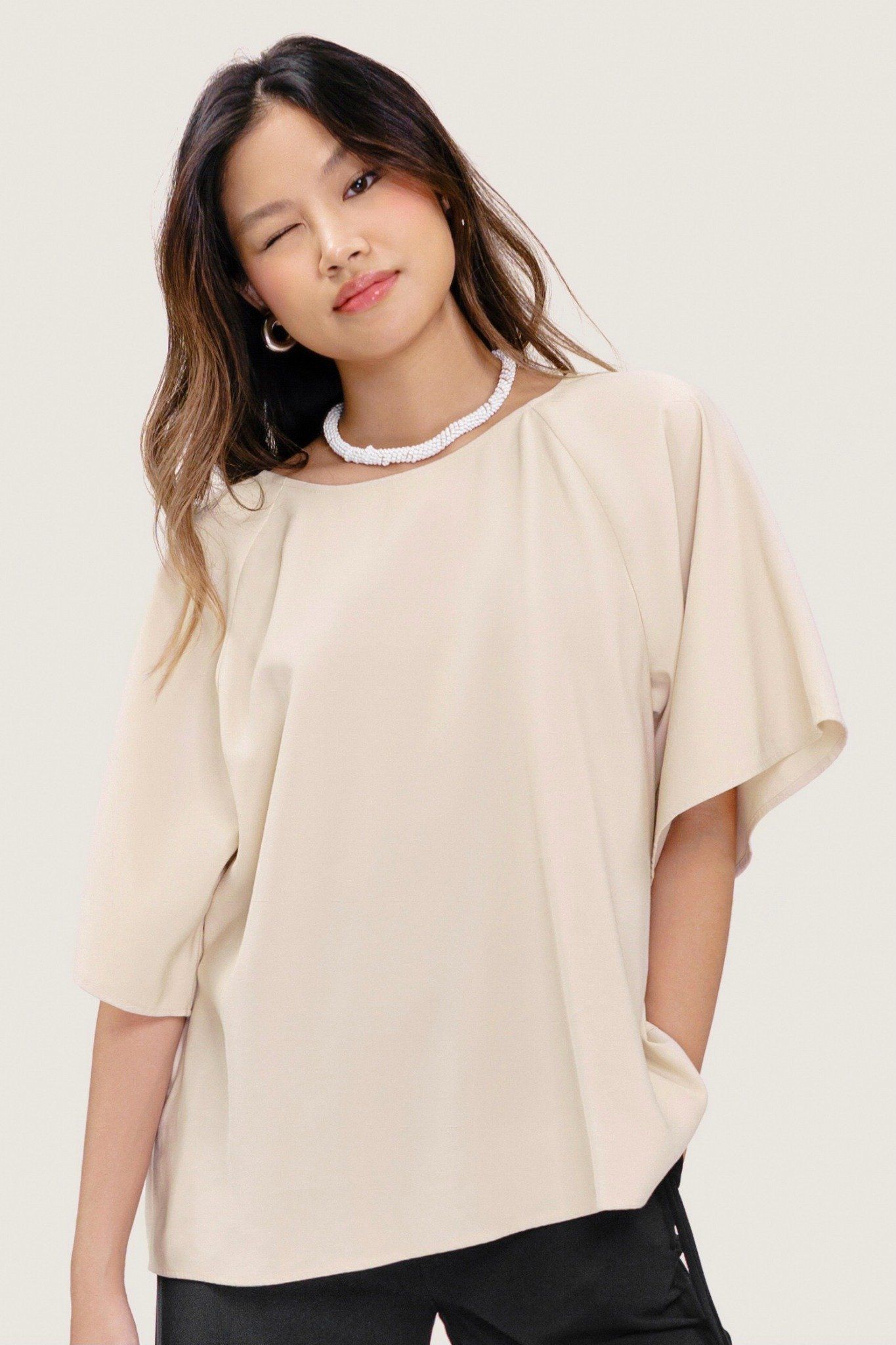  Ivory Round Neck Relaxed Fit Blouse 