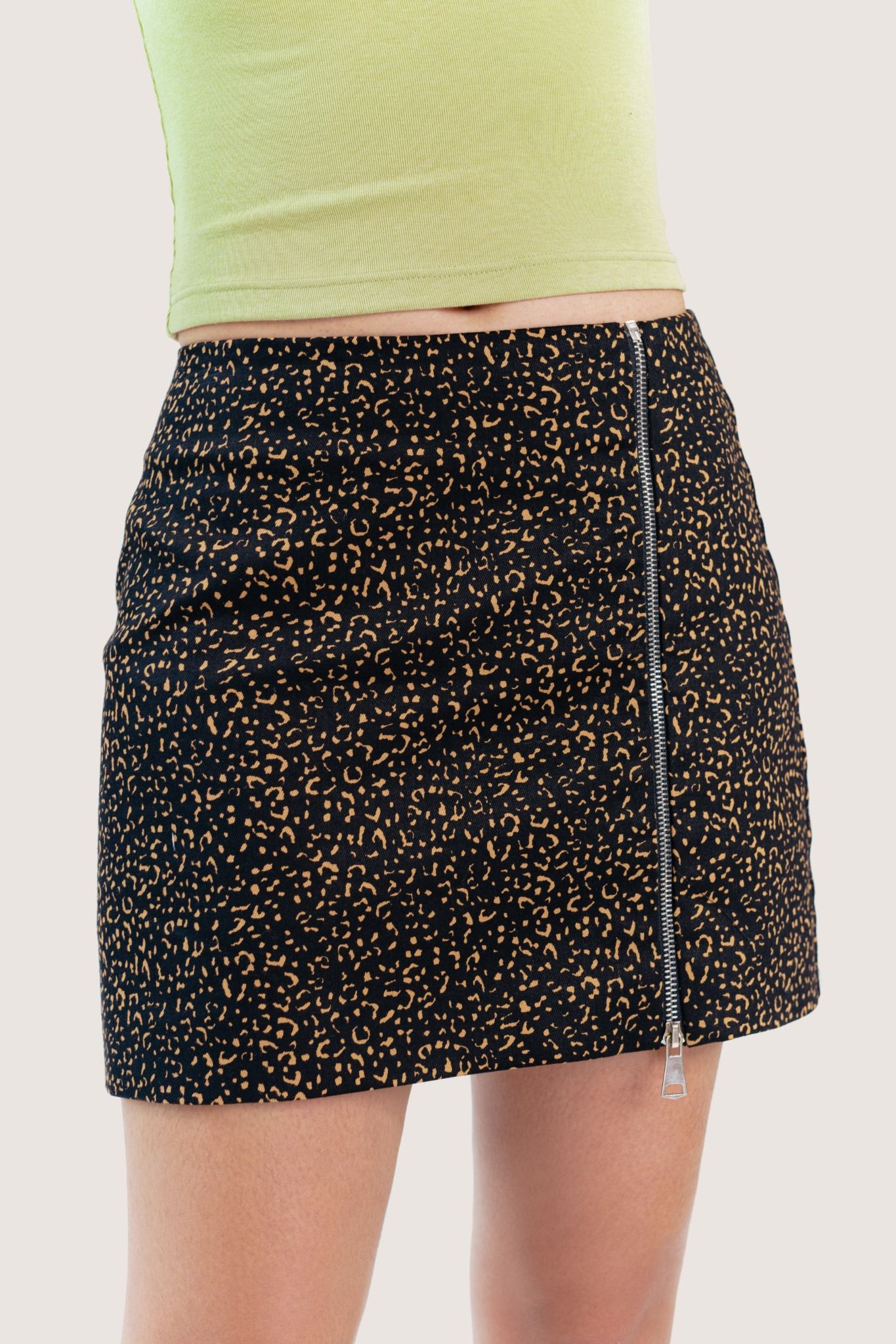  Leopard Zipped Khaki Mini Skirt 