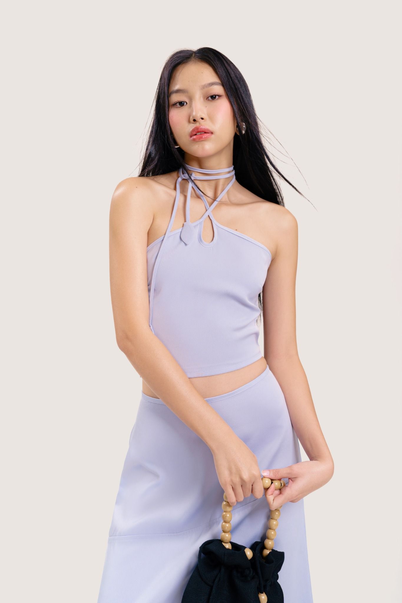  Light Blue Halter Neck Silk Top 