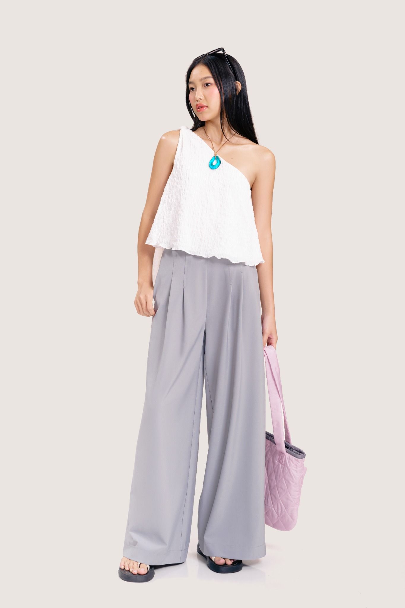  Light Grey Pleated Wide Leg Trousers 