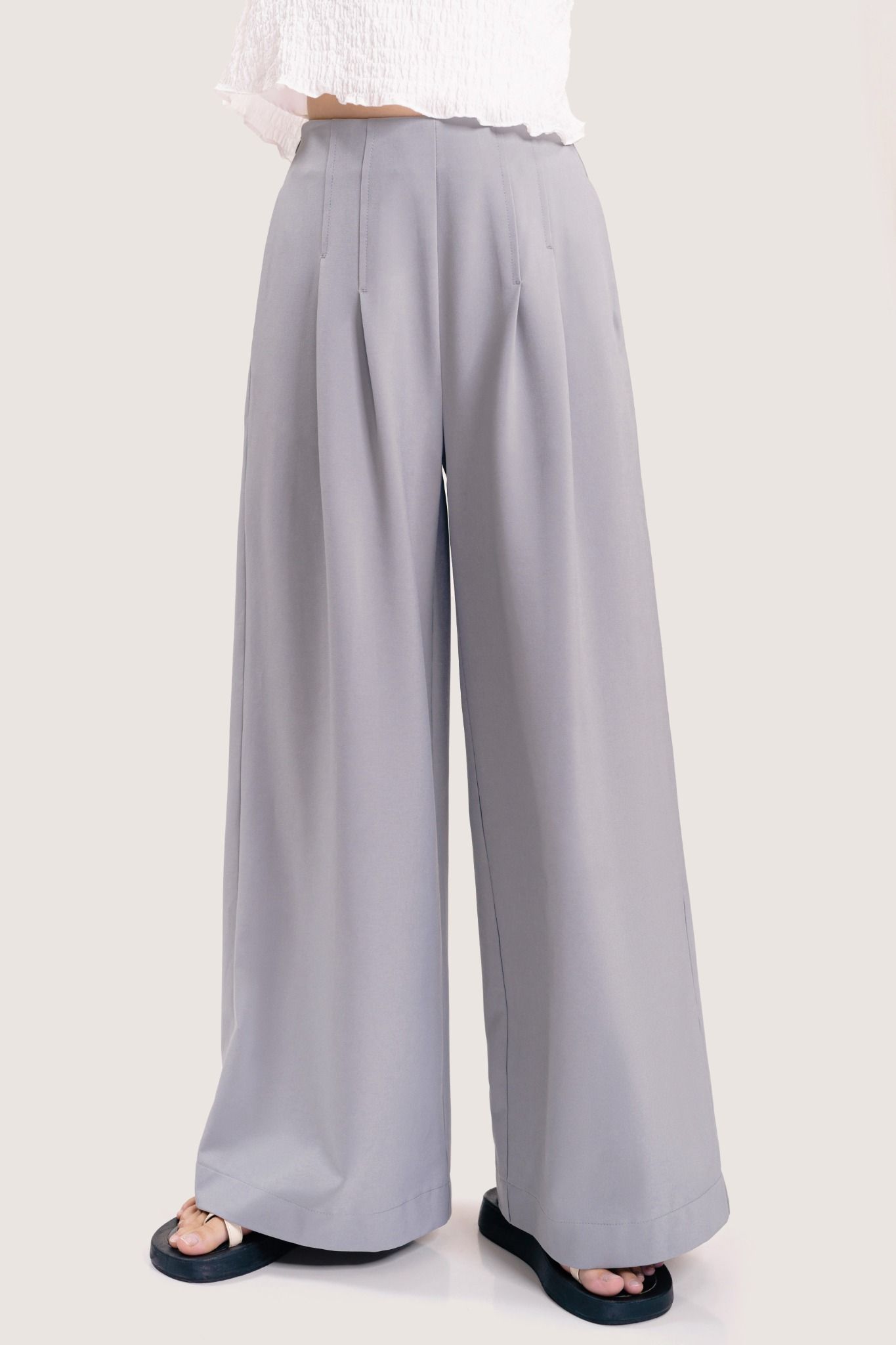  Light Grey Pleated Wide Leg Trousers 