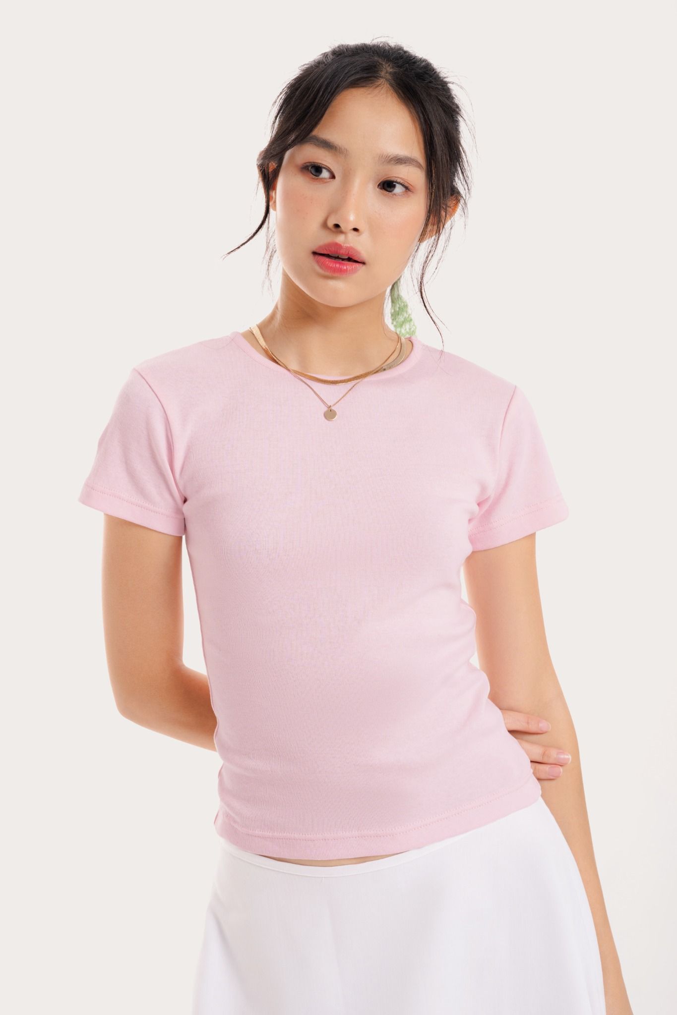  Light Pink Crew Neck Fitted T-Shirt 