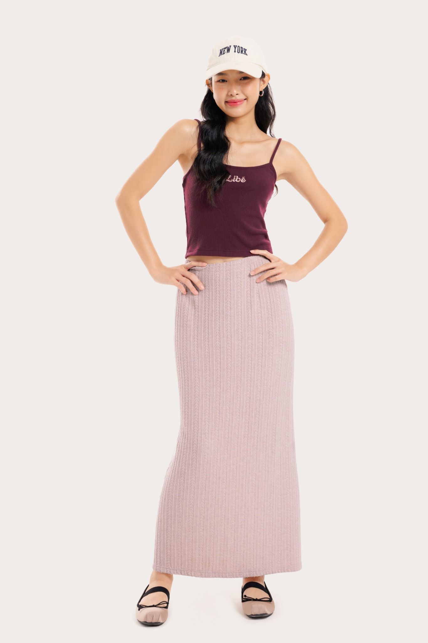  Light Pink Fitted Pointelle Midi Skirt 