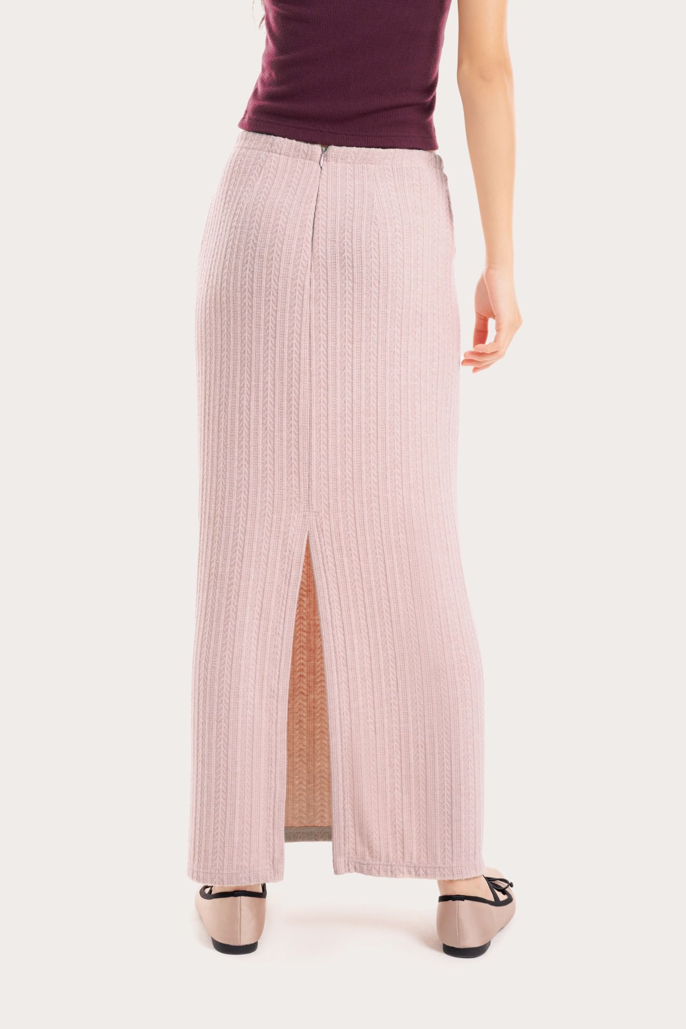  Light Pink Fitted Pointelle Midi Skirt 