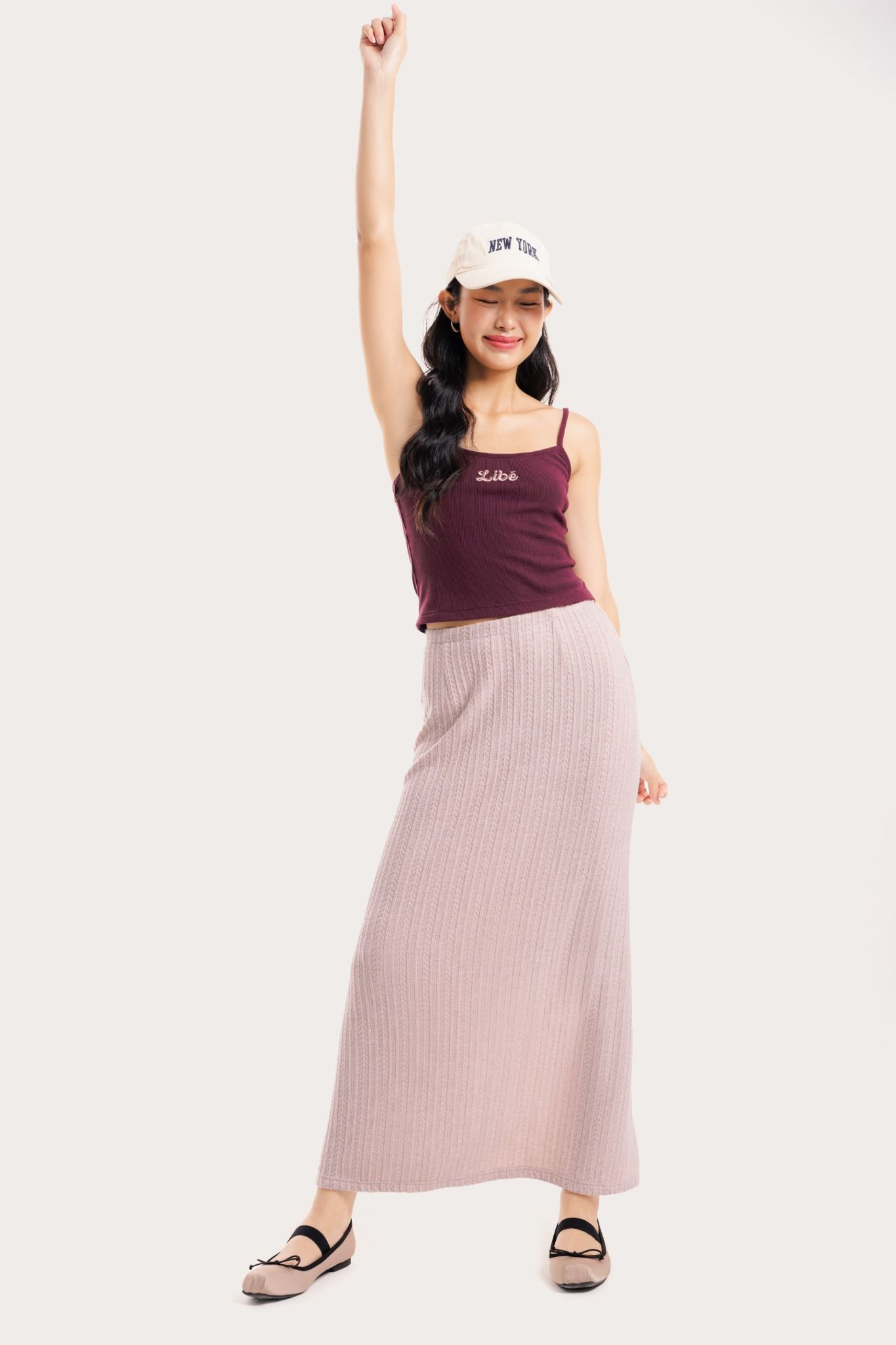  Light Pink Fitted Pointelle Midi Skirt 