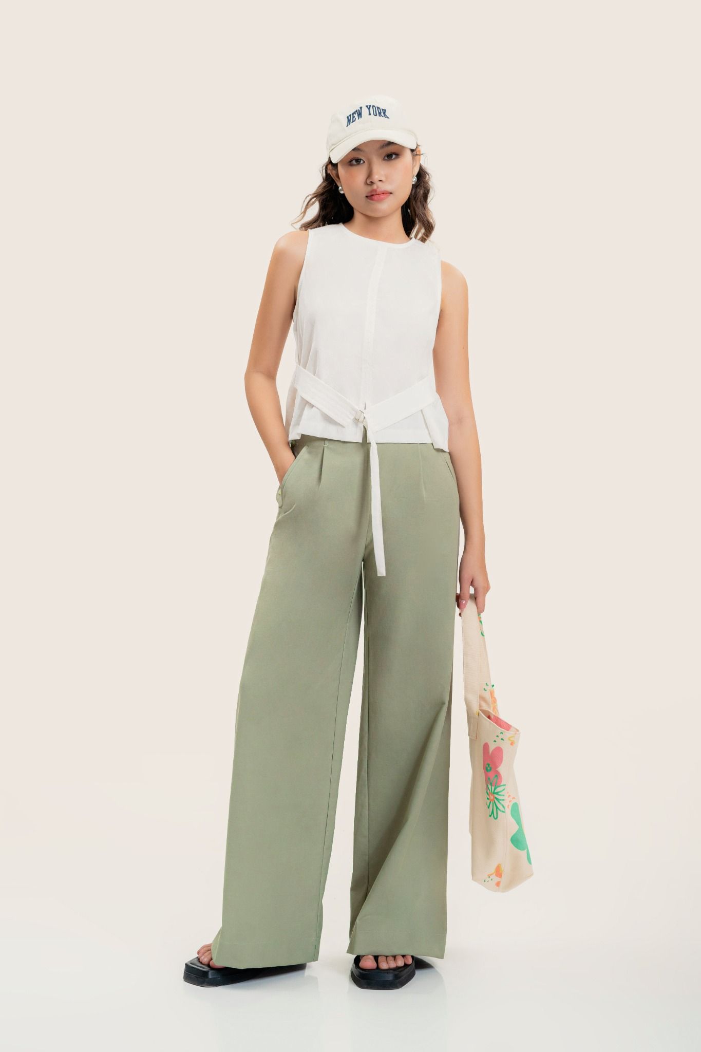  Mint Side Buttons Straight Leg Trousers 