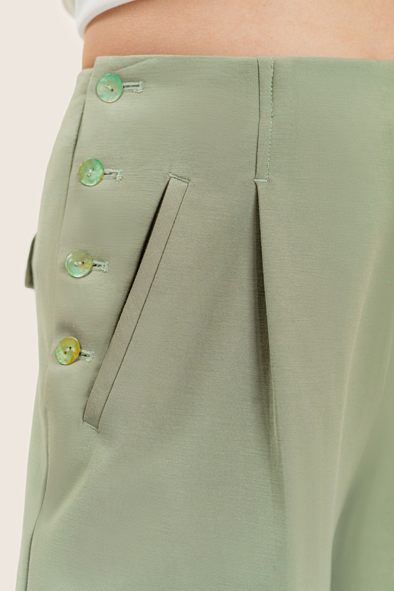  Mint Side Buttons Straight Leg Trousers 
