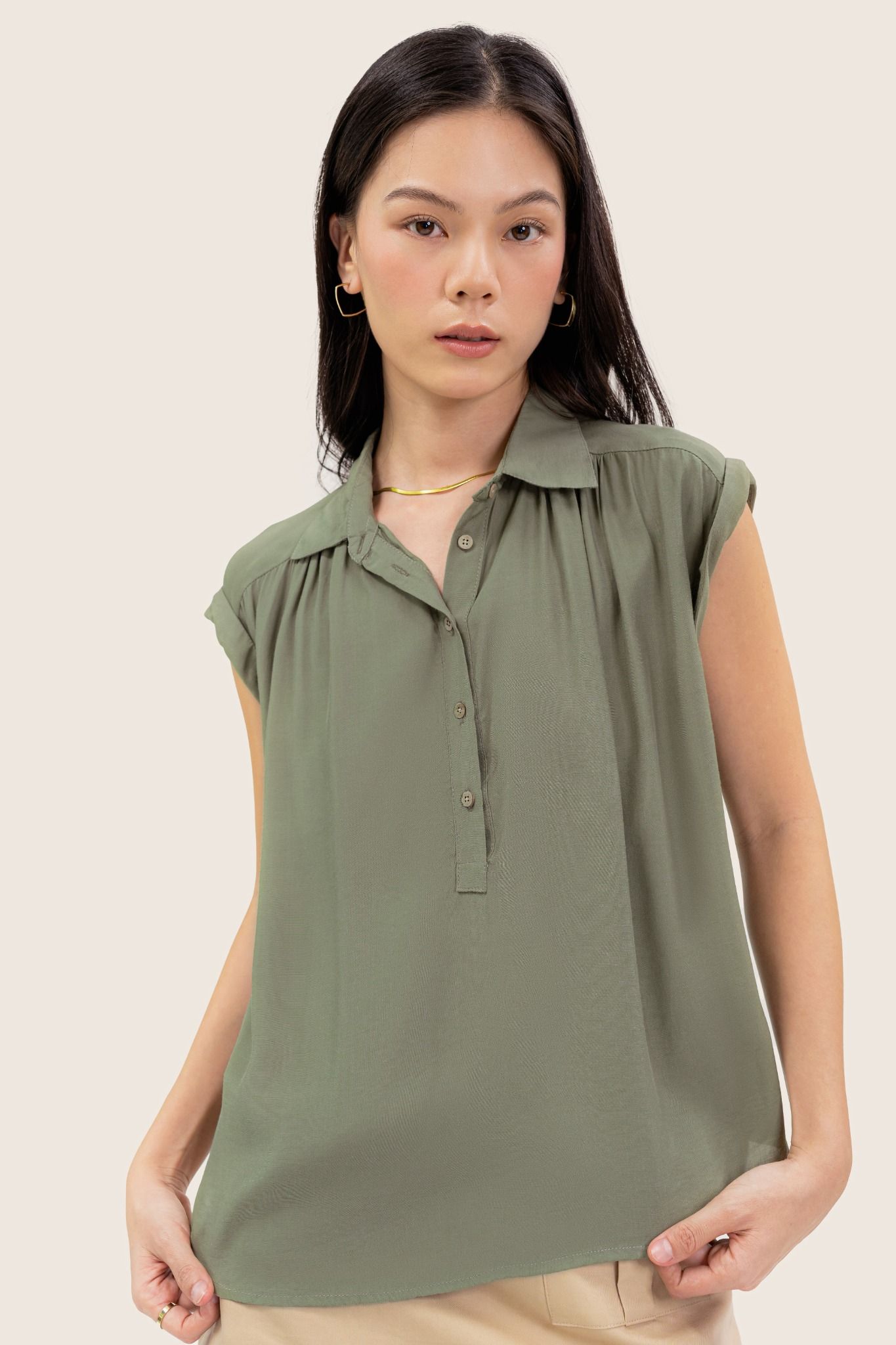  Mossy Green Half Button Up Sleeveless Blouse 