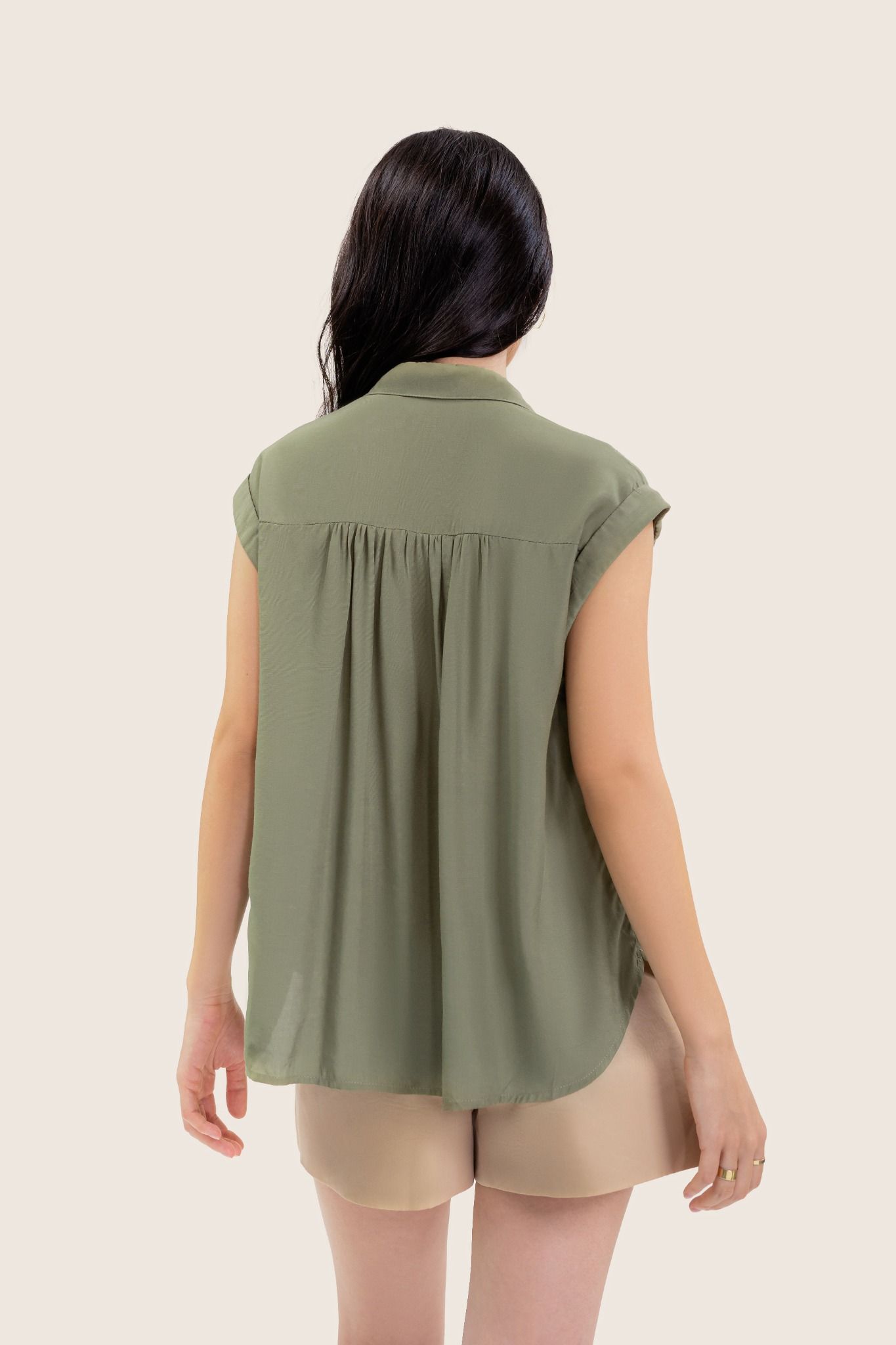  Mossy Green Half Button Up Sleeveless Blouse 