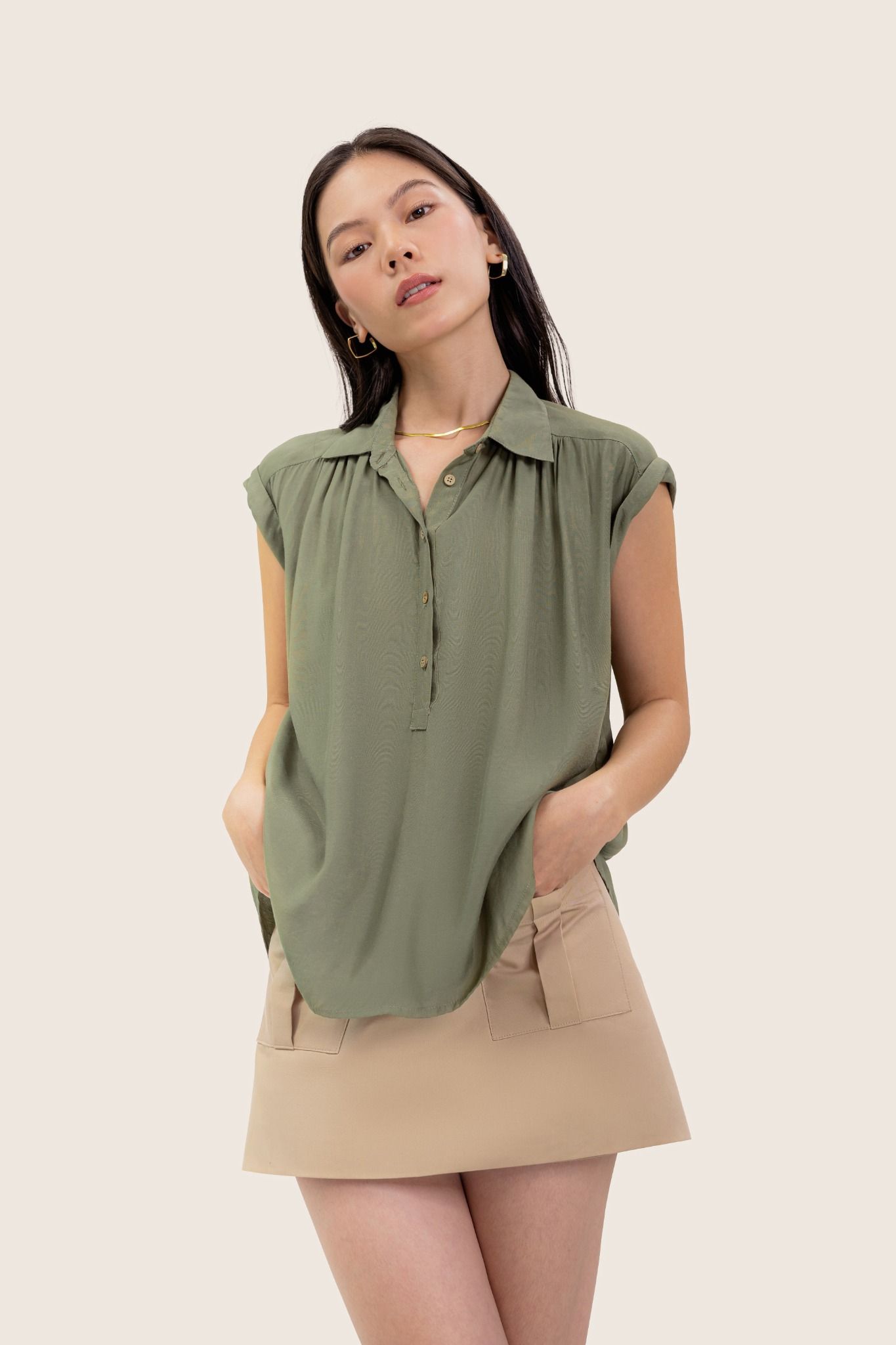  Mossy Green Half Button Up Sleeveless Blouse 