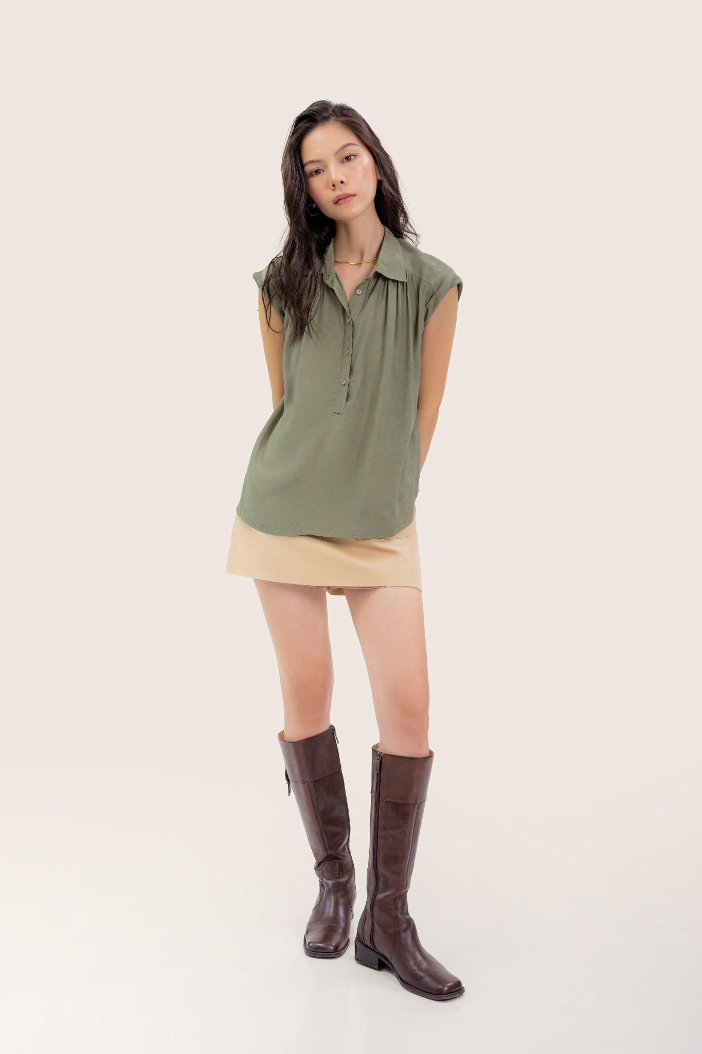  Mossy Green Half Button Up Sleeveless Blouse 