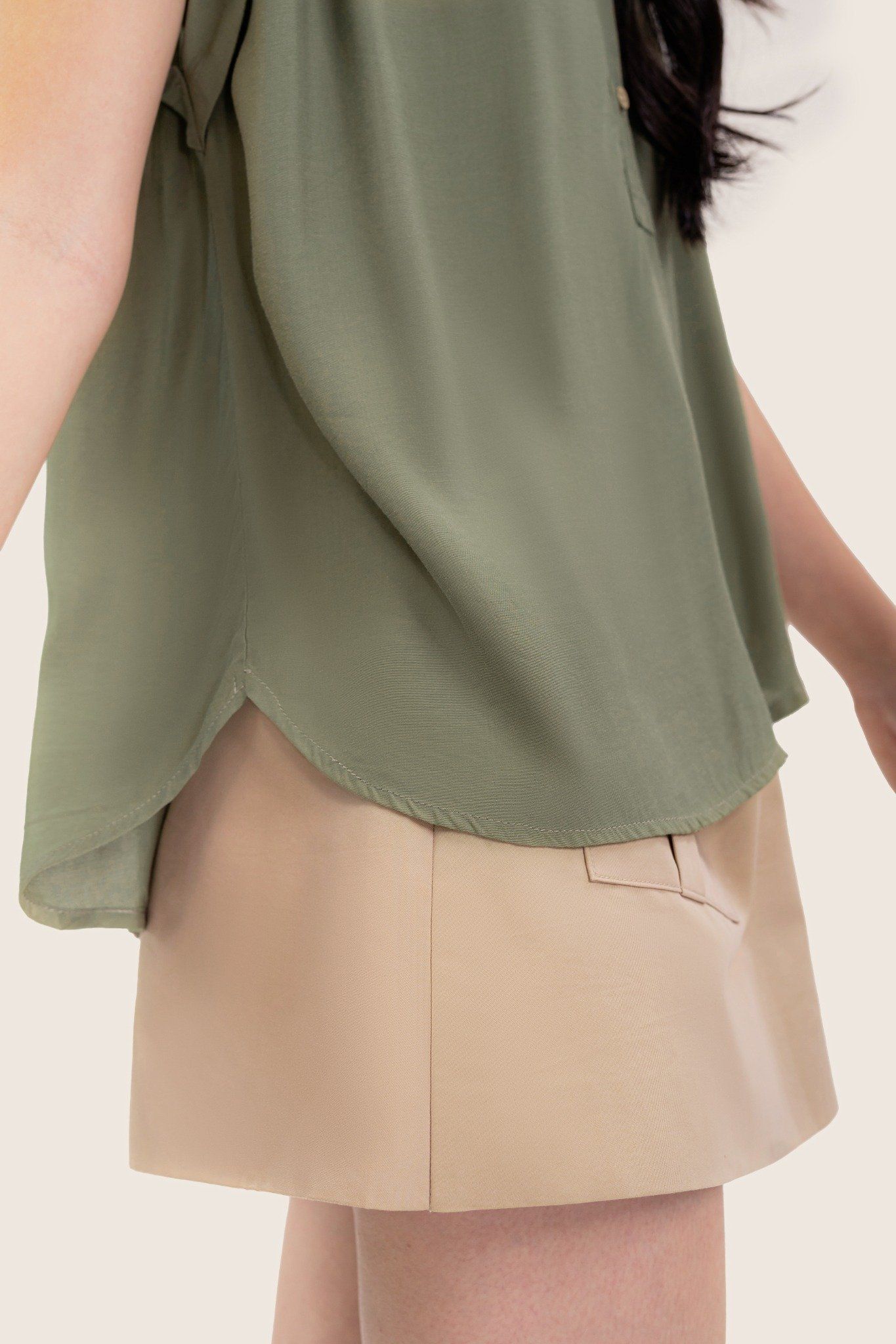  Mossy Green Half Button Up Sleeveless Blouse 