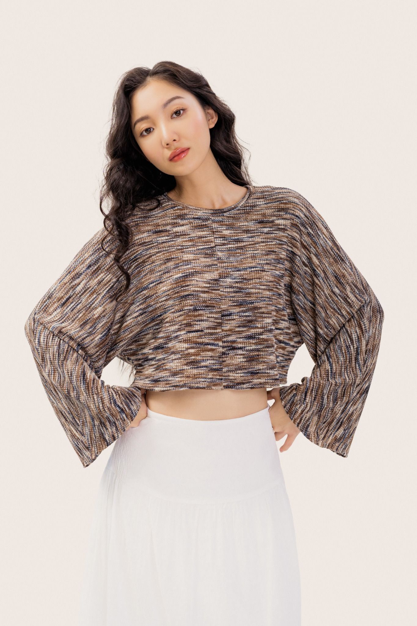 Multi Brown Shade Long Sleeve Knit Crop Top