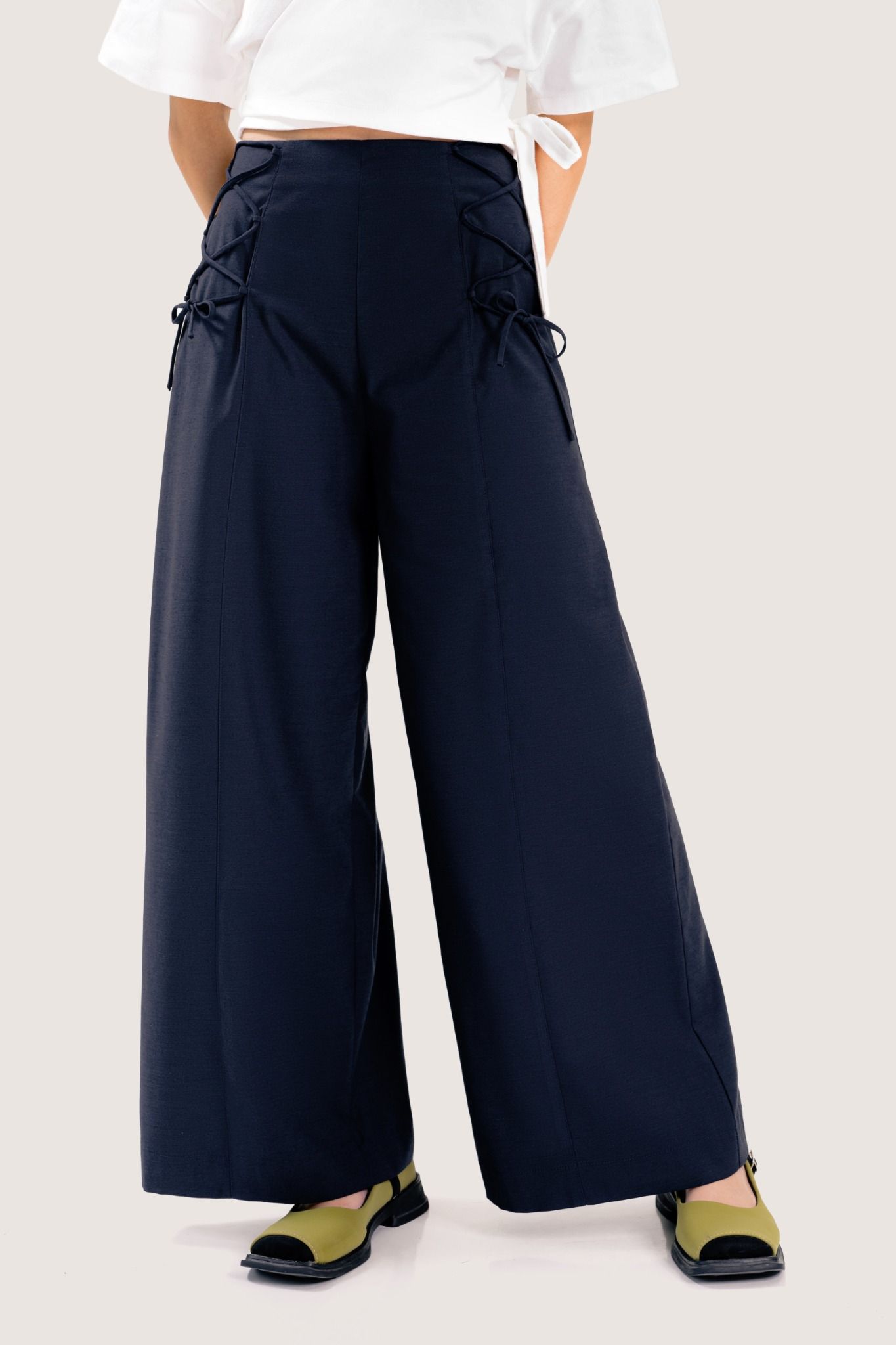  Navy Drawstring Straight Leg Trousers 