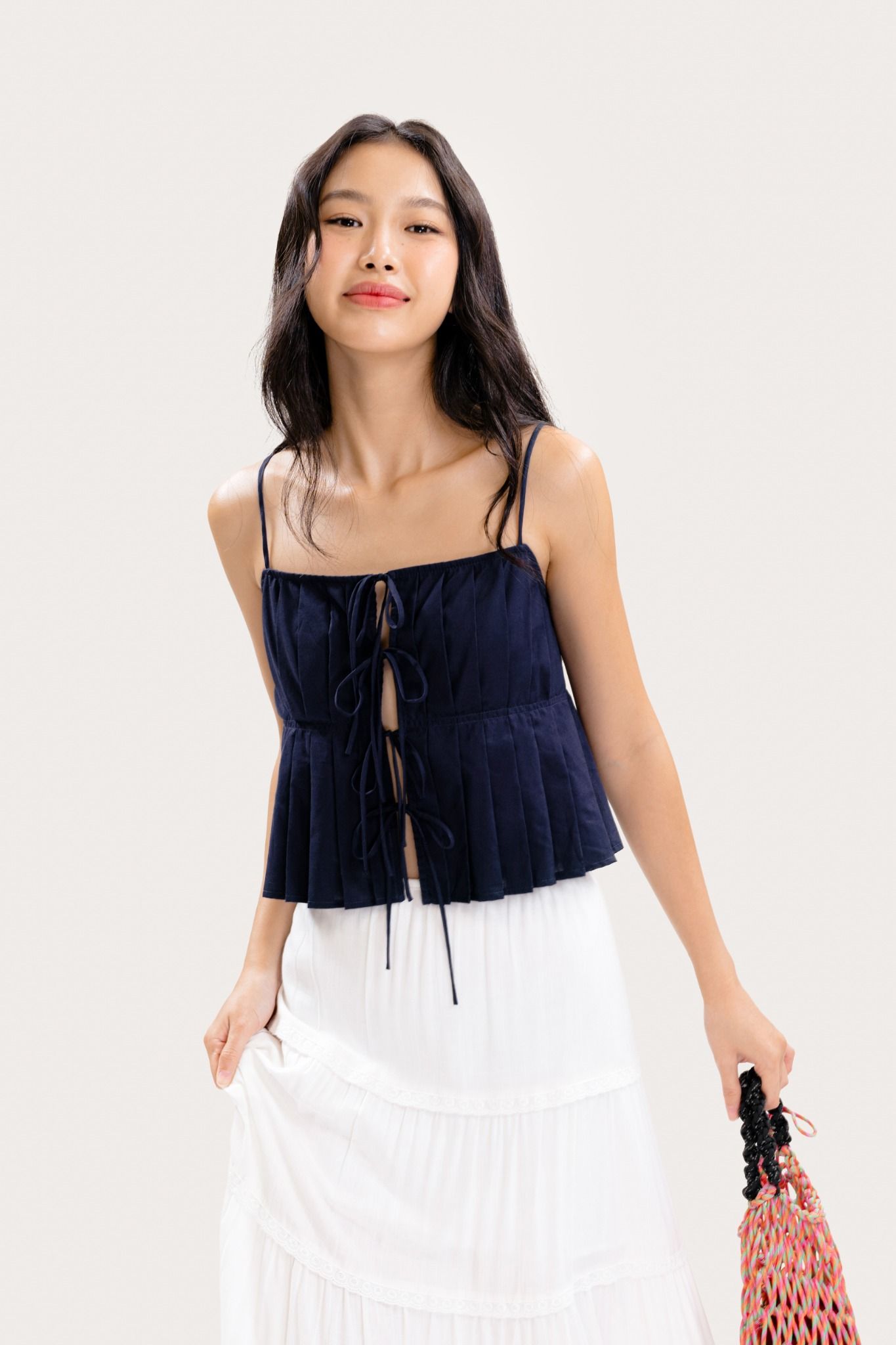  Navy Pleated Bow Tie Top 