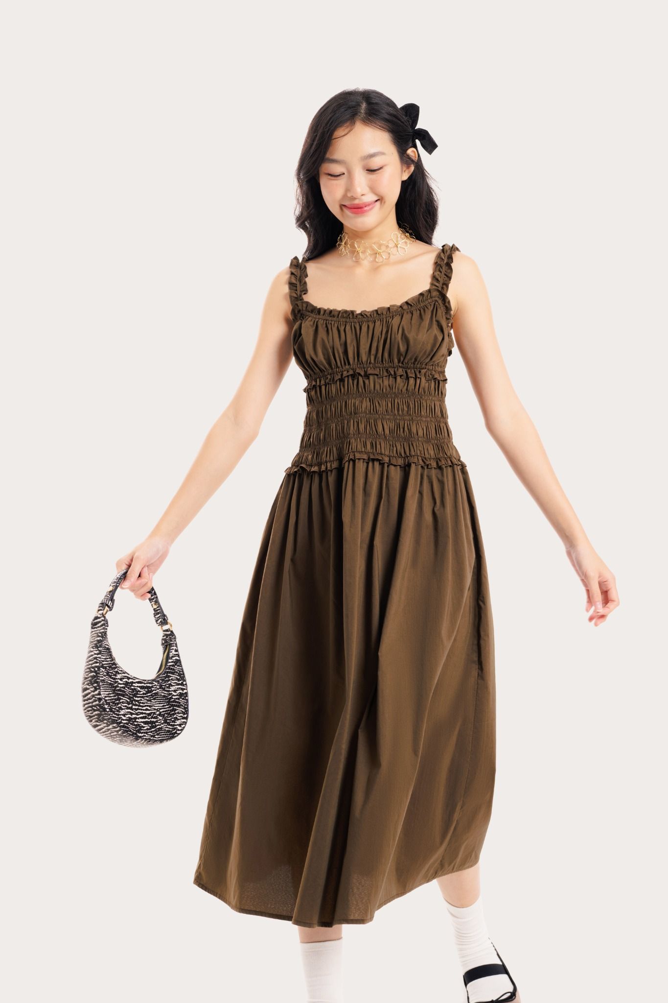  Olive Ruffle Ruched Midi Dress 