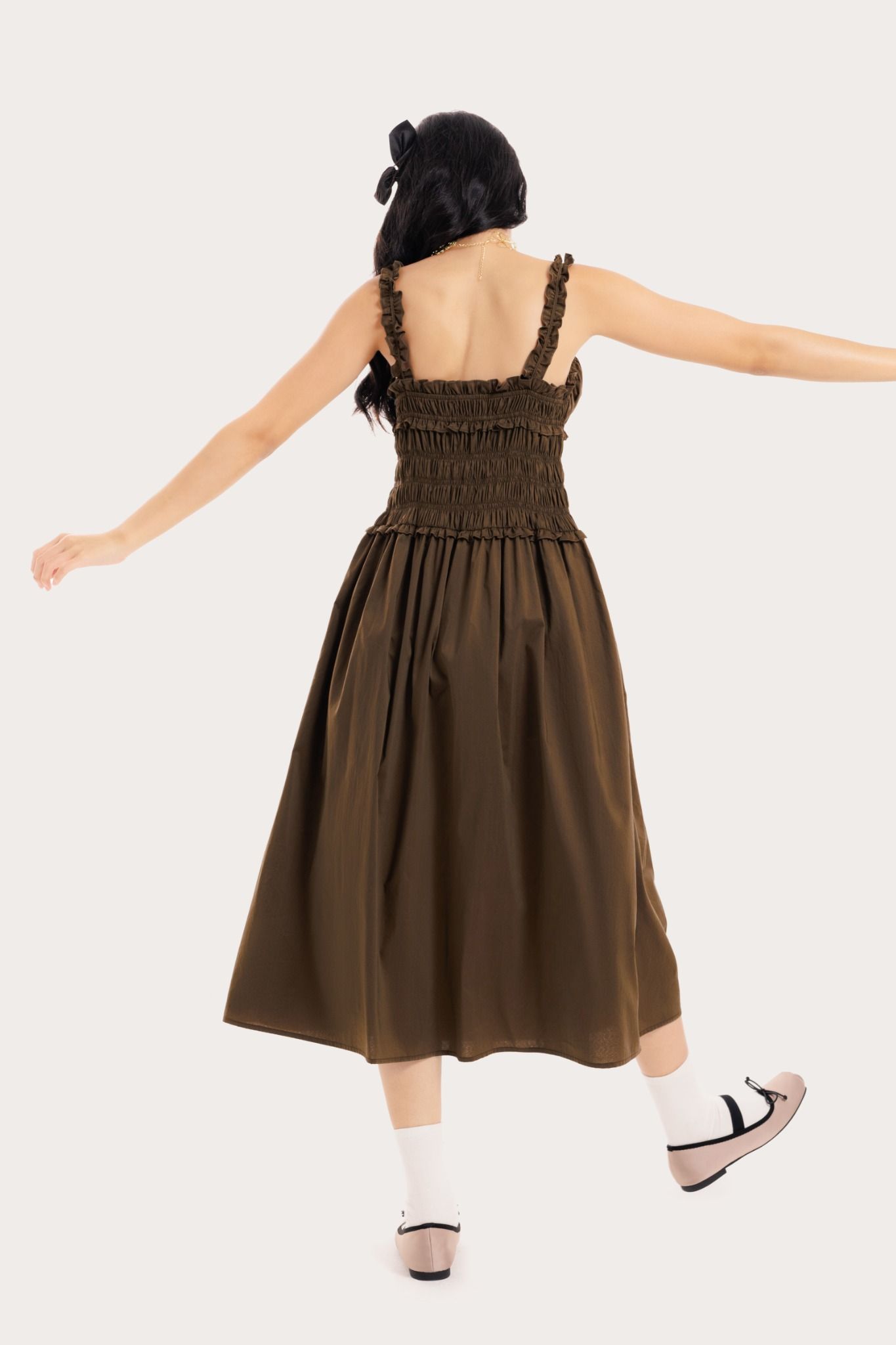  Olive Ruffle Ruched Midi Dress 