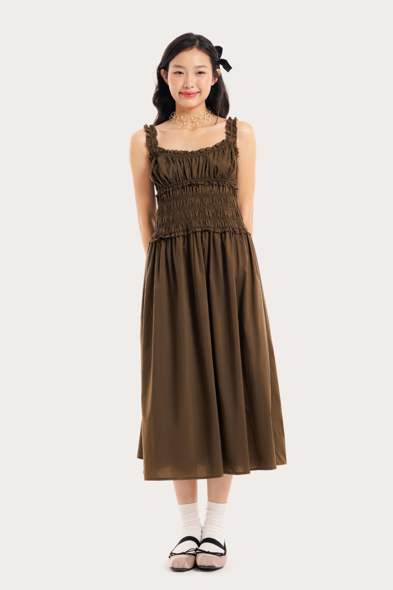  Olive Ruffle Ruched Midi Dress 