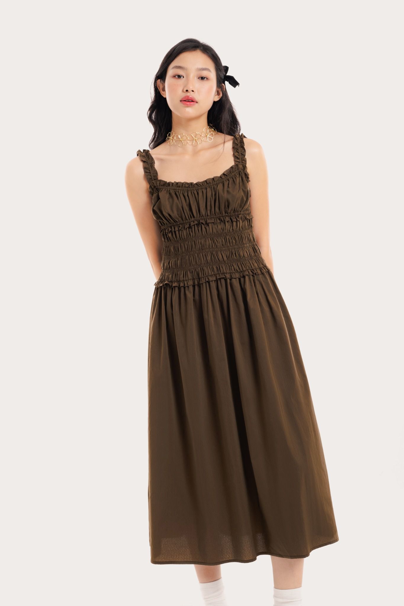  Olive Ruffle Ruched Midi Dress 