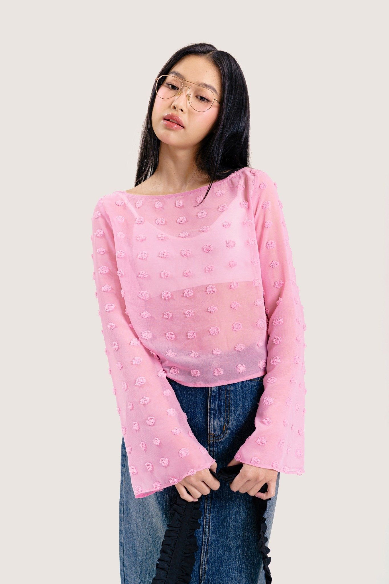  Pink Swiss Dot Flared Sleeve Top 