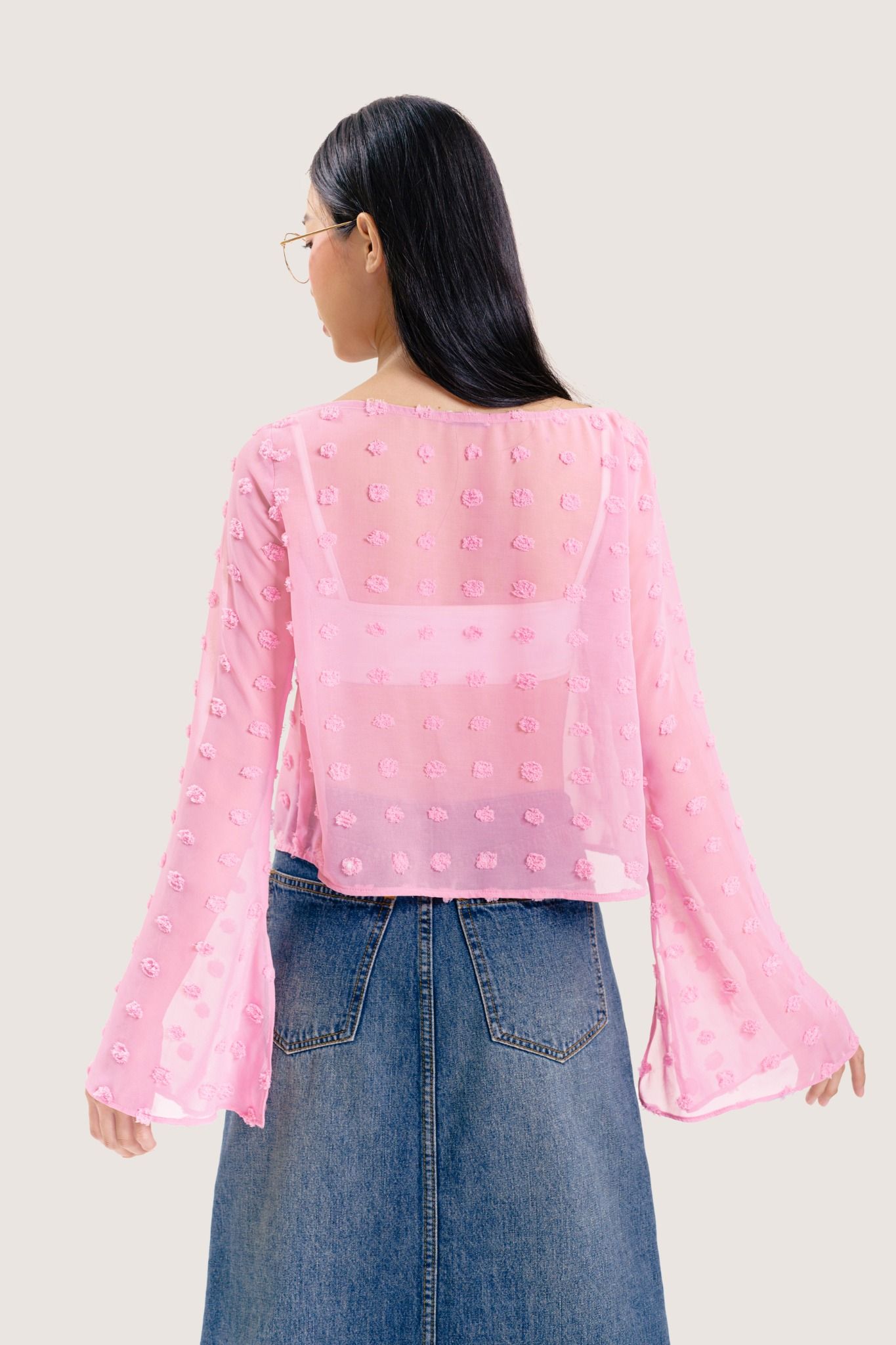  Pink Swiss Dot Flared Sleeve Top 